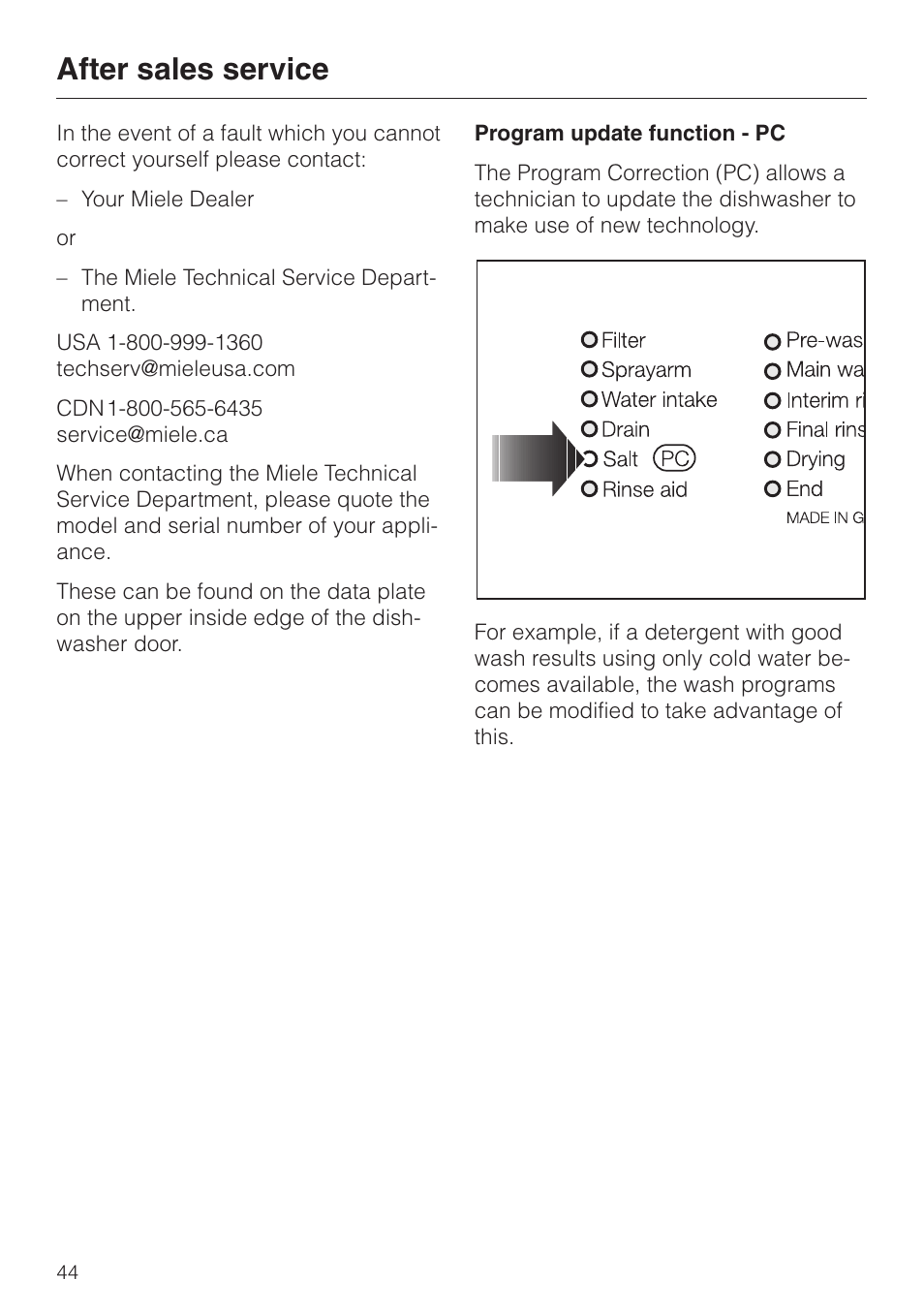 After sales service 44, After sales service | Miele TOUCHTRONIC PREMIER PLUS HG01 User Manual | Page 44 / 56