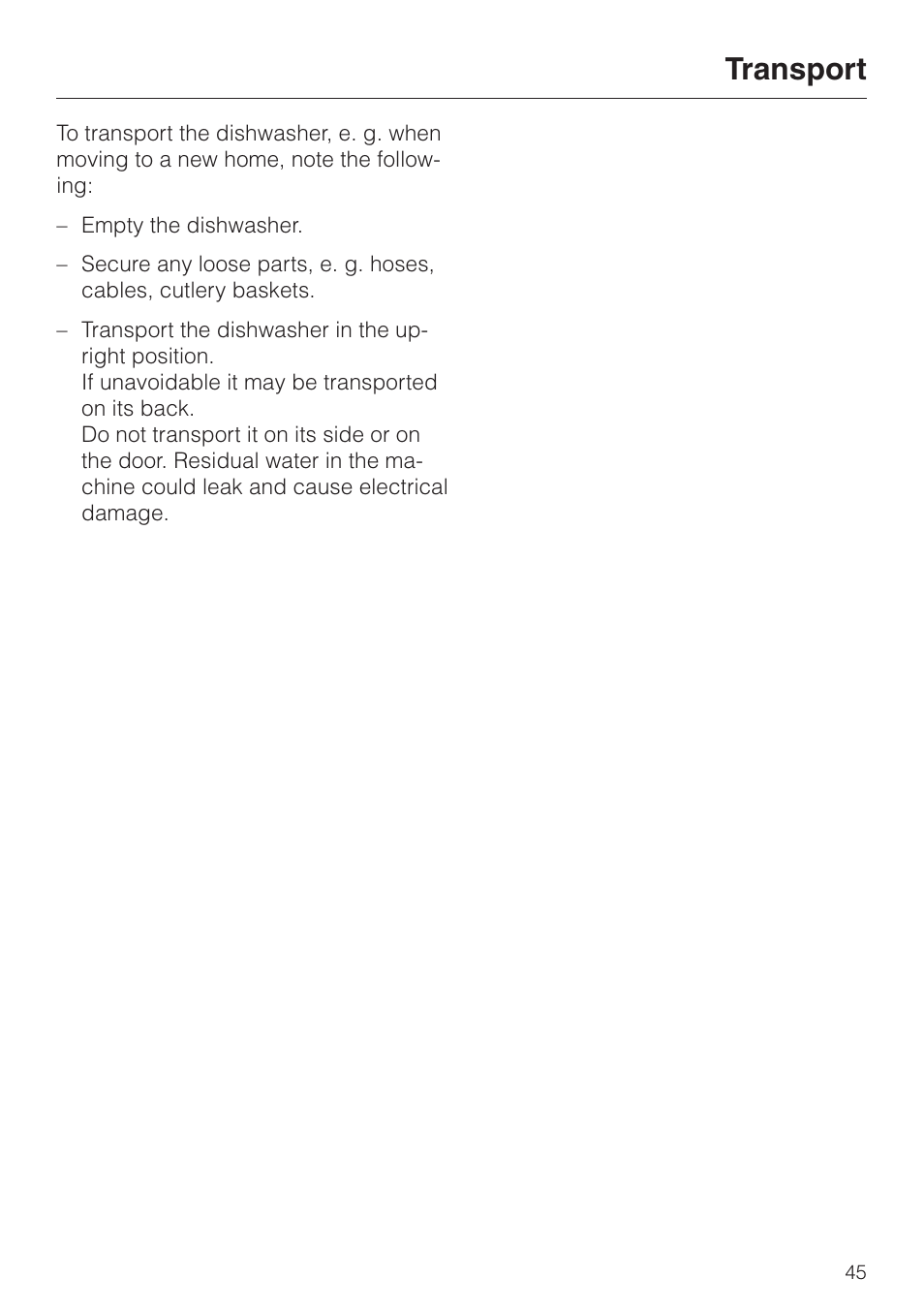Transport 45, Transport | Miele TOUCHTRONIC PREMIER PLUS HG01 User Manual | Page 45 / 56