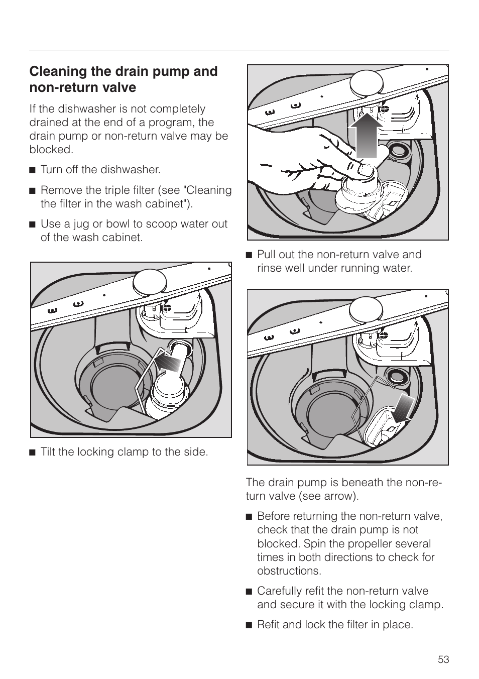 Cleaning the drain pump and non-return valve 53, Cleaning the drain pump and non-return valve | Miele TOUCHTRONIC PREMIER PLUS HG01 User Manual | Page 53 / 56