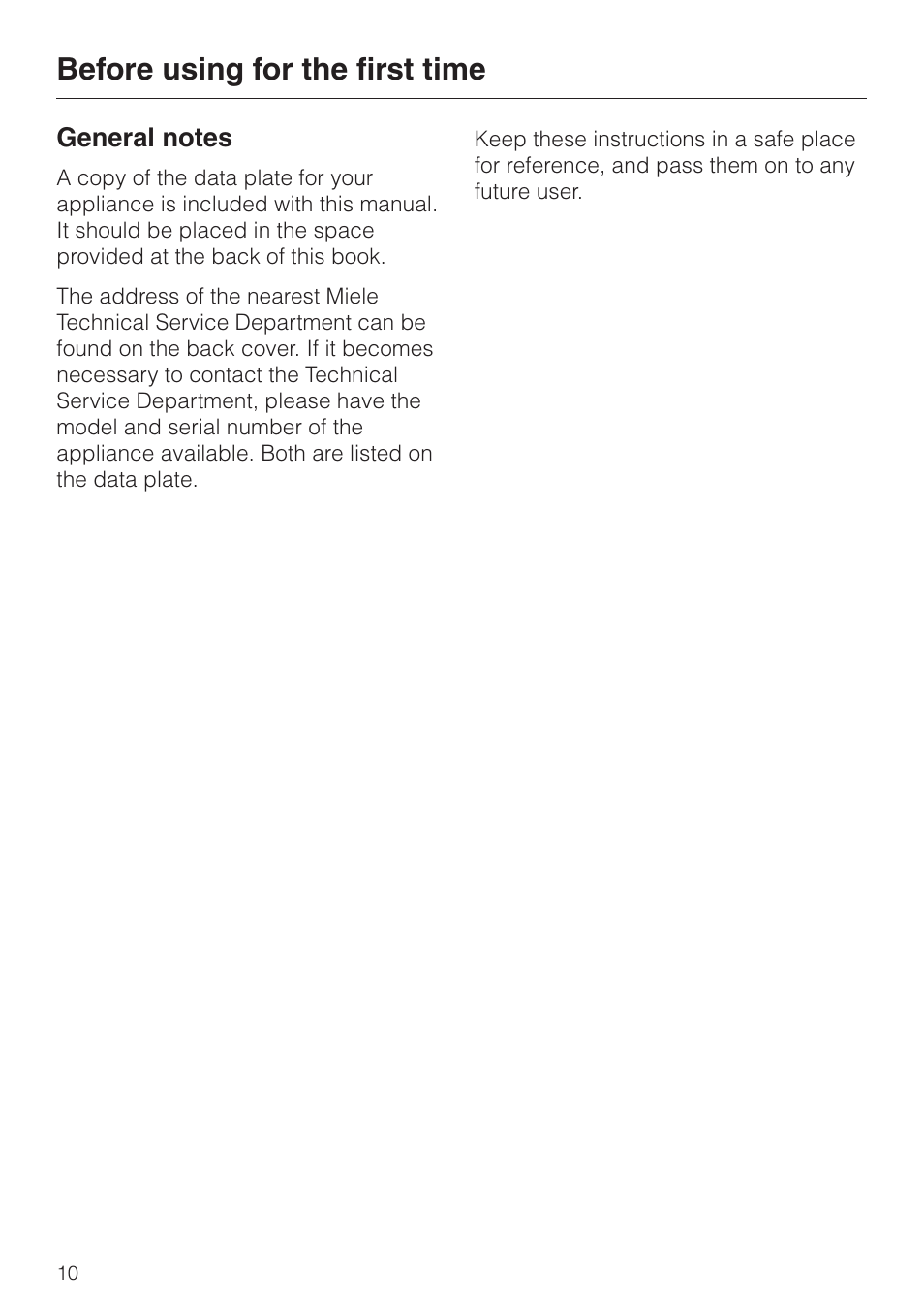 Before using for the first time 10, General notes 10, Before using for the first time | General notes | Miele KM412 User Manual | Page 10 / 24