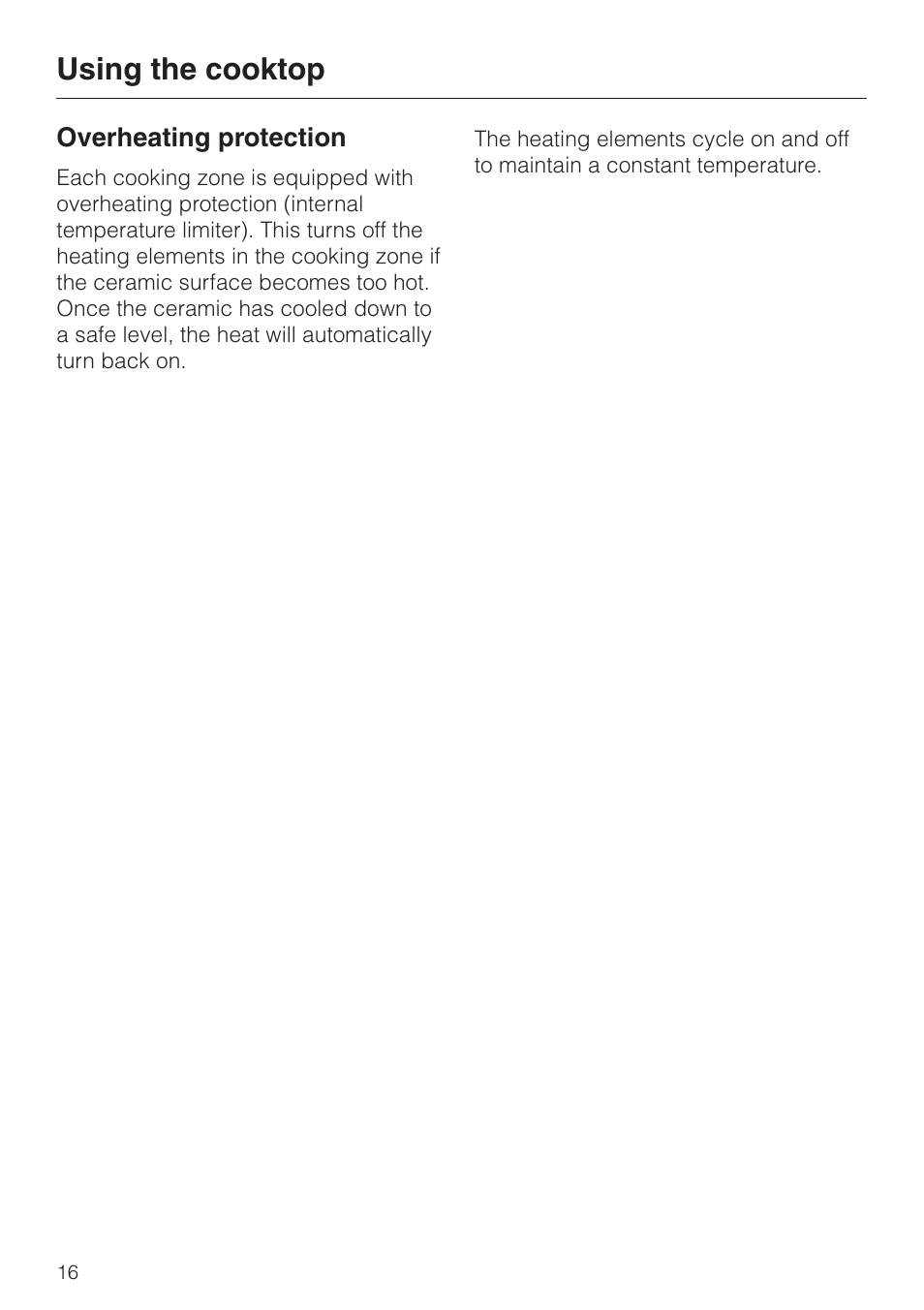Overheating protection 16, Overheating protection, Using the cooktop | Miele KM412 User Manual | Page 16 / 24