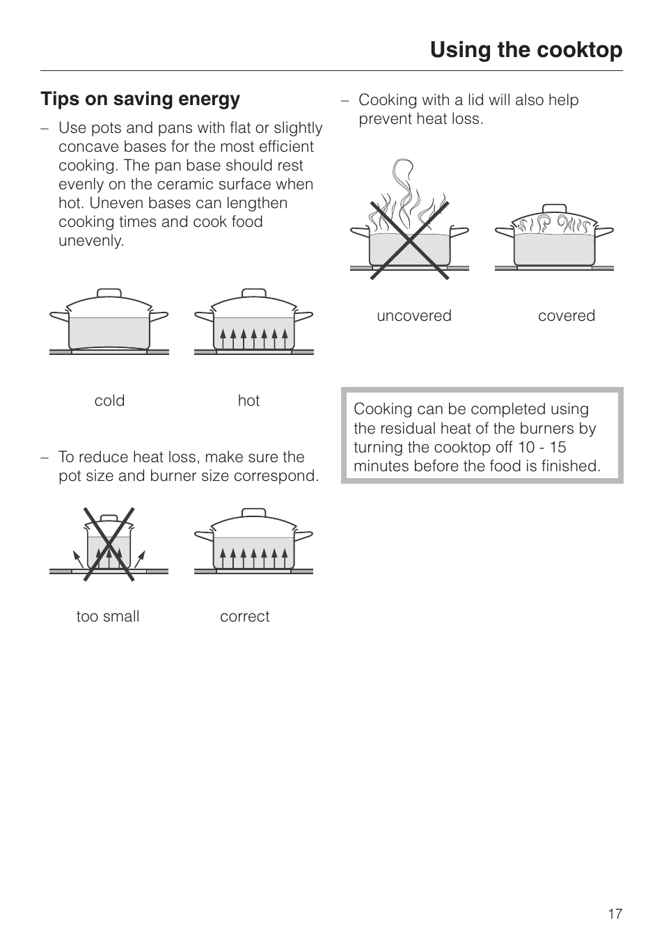 Tips on saving energy 17, Tips on saving energy, Using the cooktop | Miele KM412 User Manual | Page 17 / 24