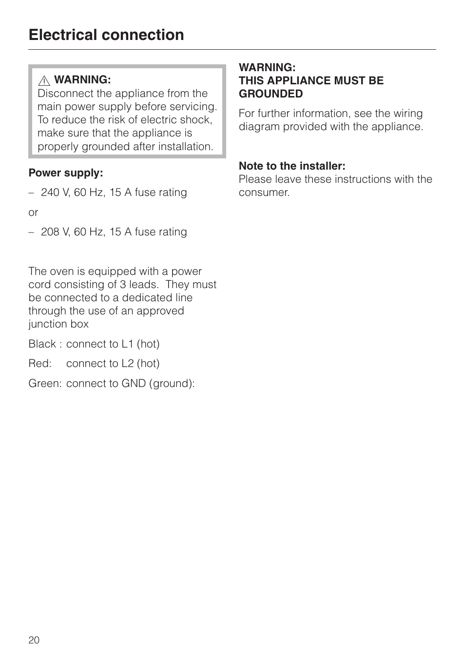 Electrical connection 20, Electrical connection | Miele KM412 User Manual | Page 20 / 24