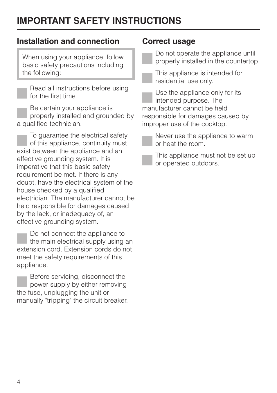 Important safety instructions 4, Important safety instructions, Installation and connection | Correct usage | Miele KM412 User Manual | Page 4 / 24