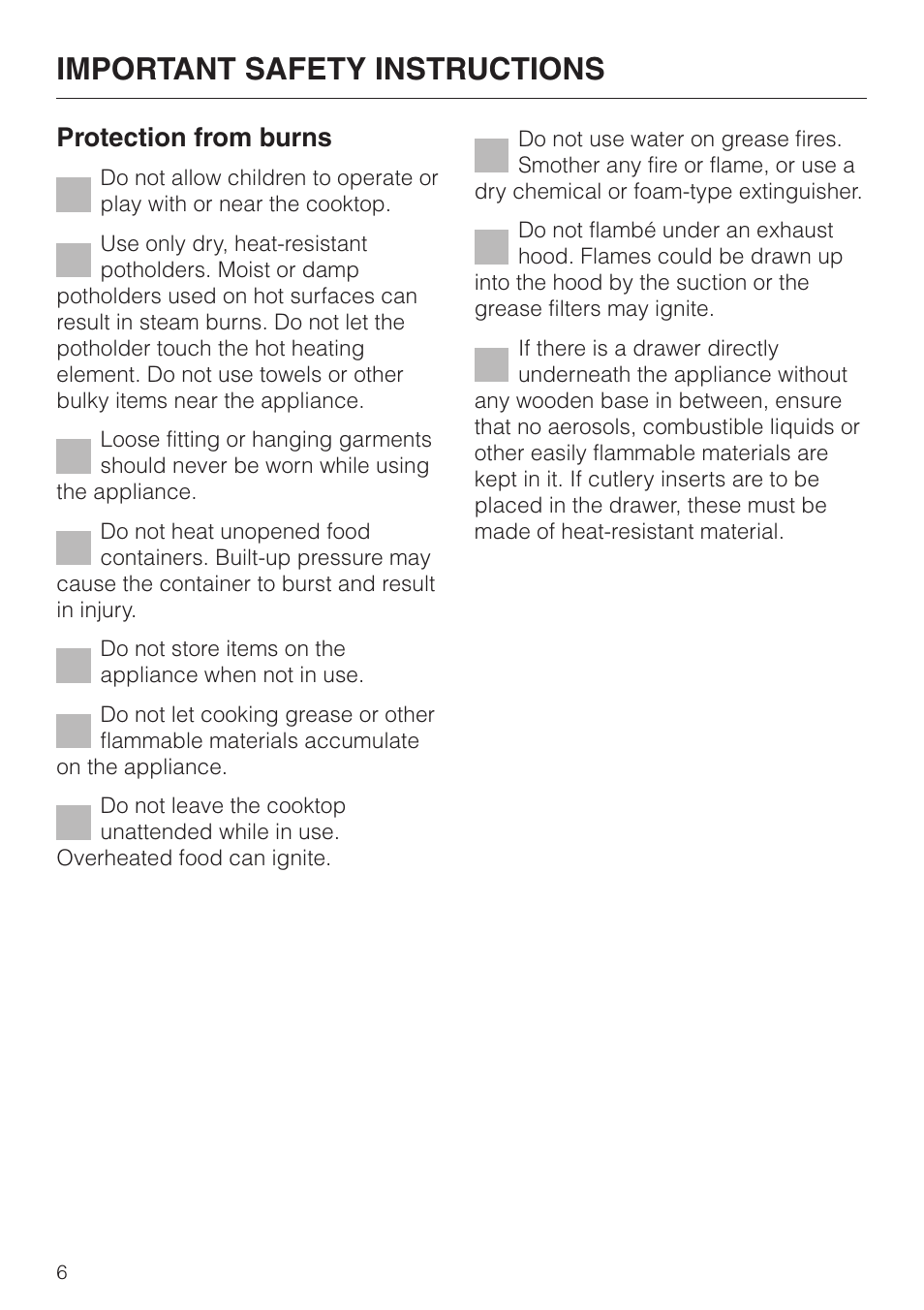 Important safety instructions, Protection from burns | Miele KM412 User Manual | Page 6 / 24