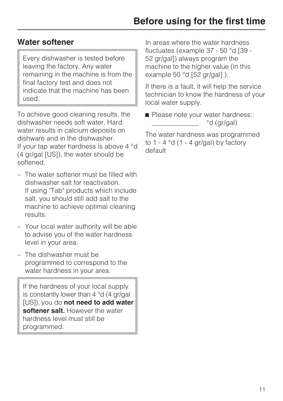 Water softener 11, Before using for the first time, Water softener | Miele G 2183 User Manual | Page 11 / 56