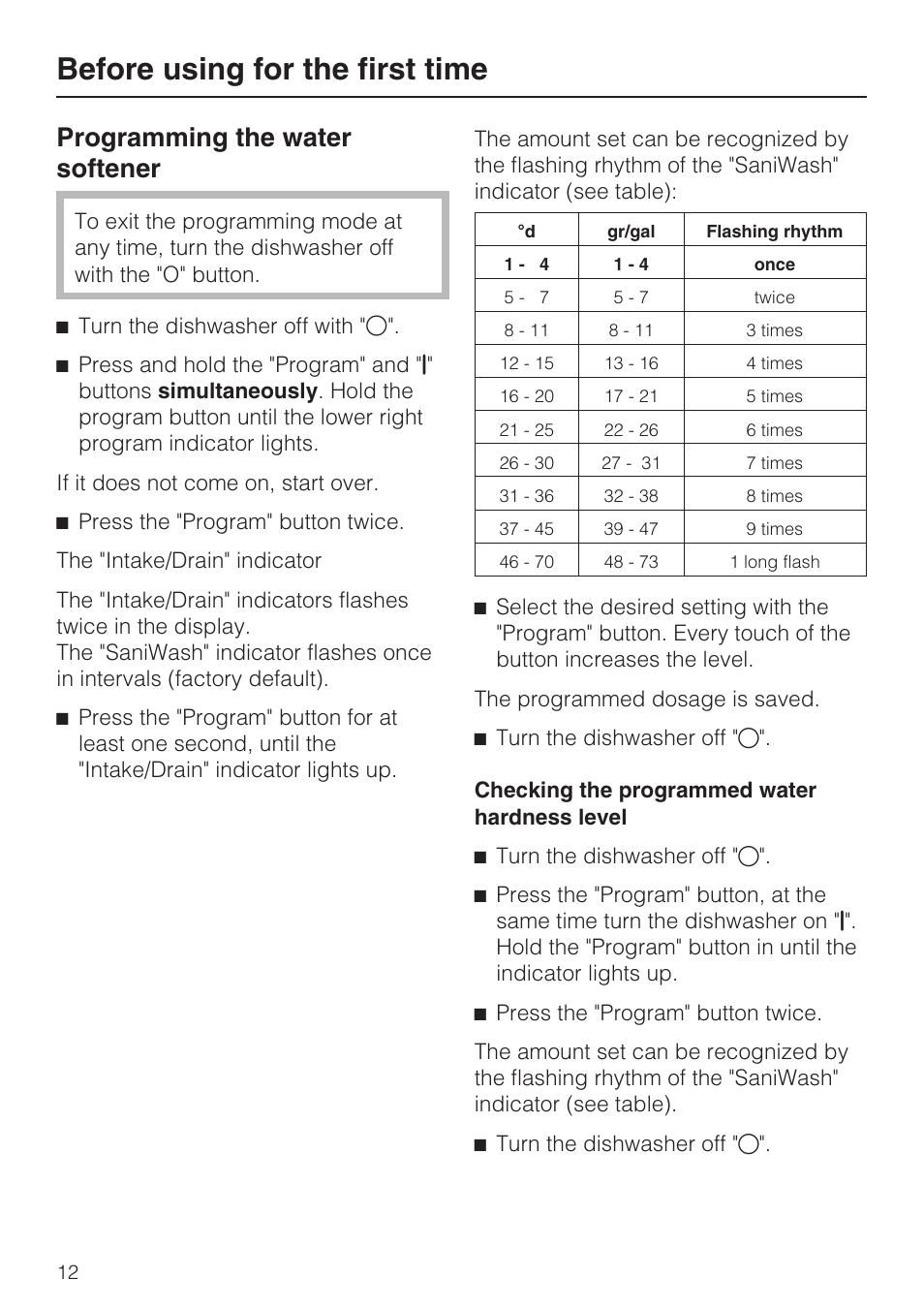 Programming the water softener 12, Before using for the first time, Programming the water softener | Miele G 2183 User Manual | Page 12 / 56