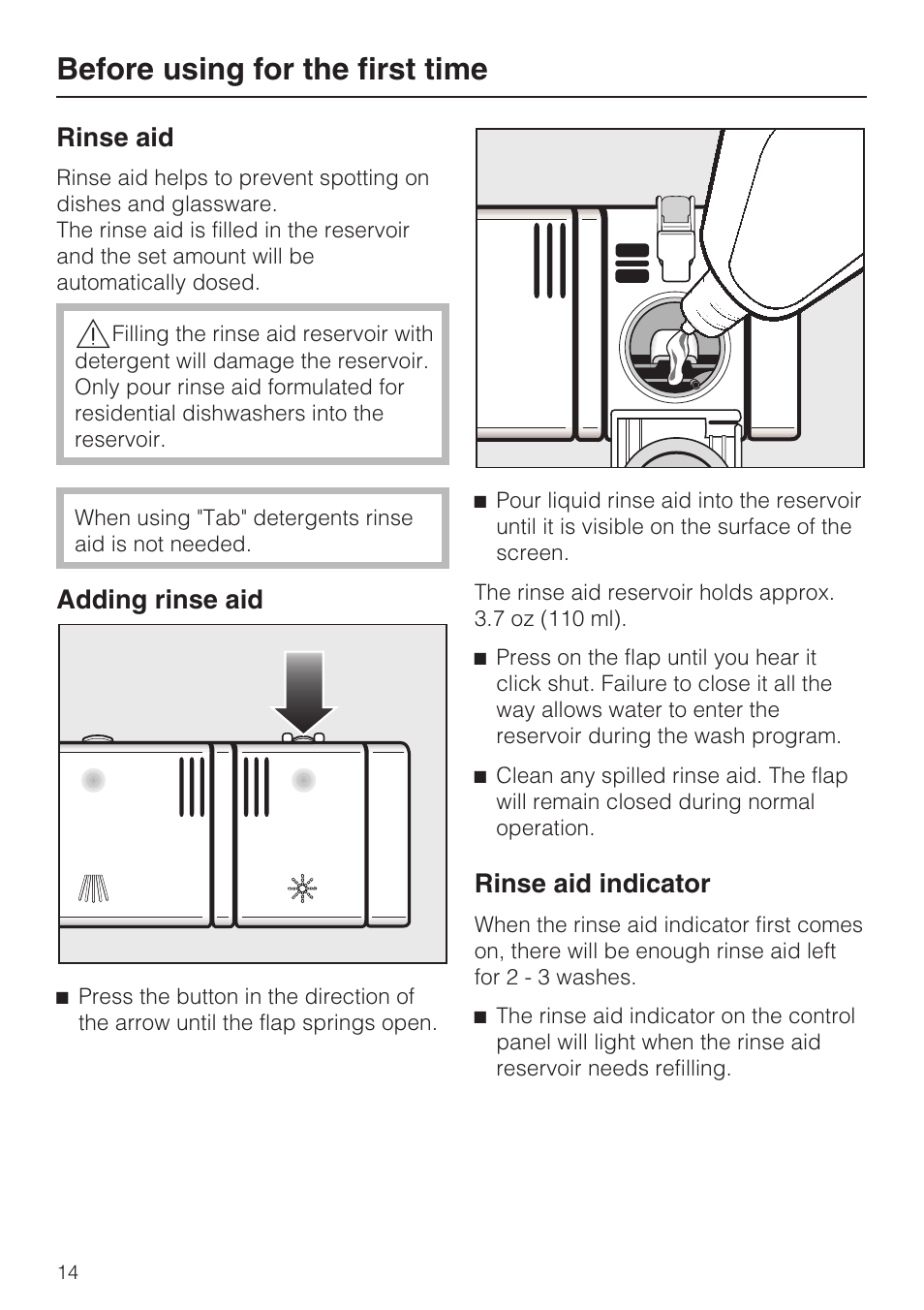 Rinse aid 14, Adding rinse aid 14, Rinse aid indicator 14 | Before using for the first time, Rinse aid, Adding rinse aid, Rinse aid indicator | Miele G 2183 User Manual | Page 14 / 56