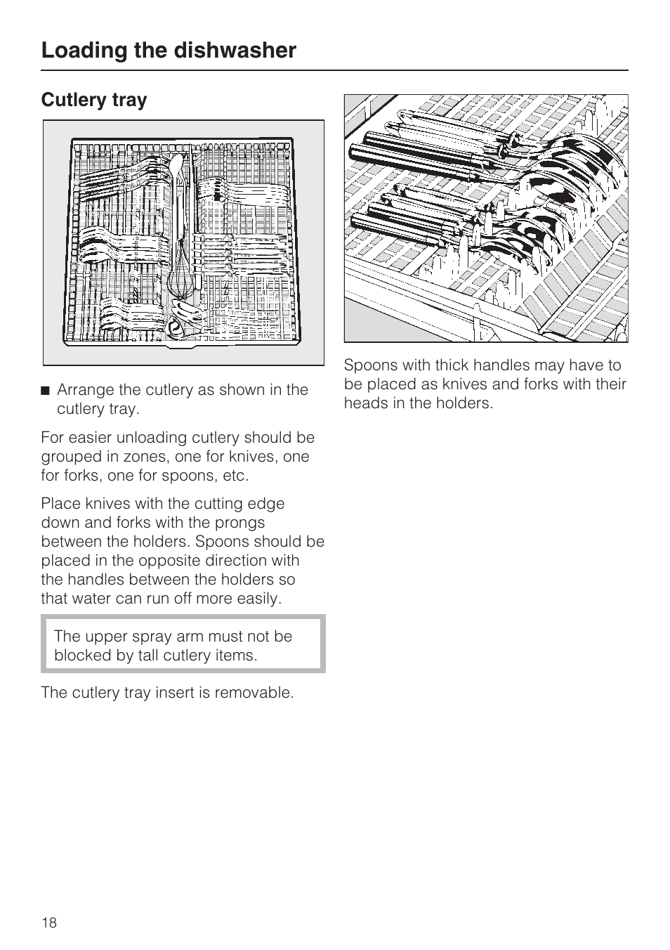 Cutlery tray 18, Loading the dishwasher, Cutlery tray | Miele G 2183 User Manual | Page 18 / 56