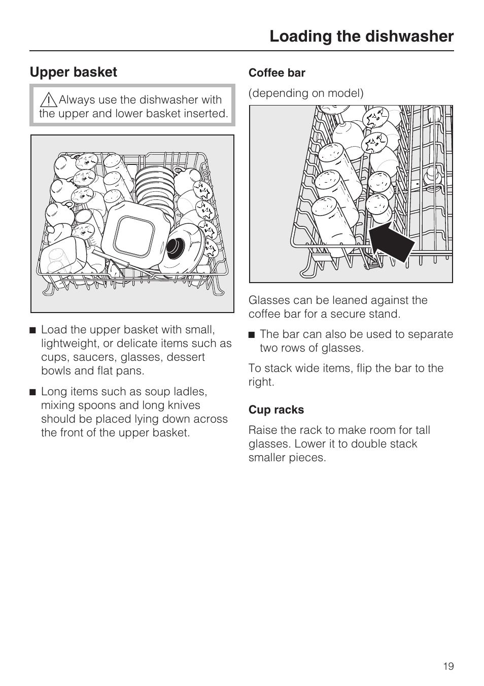 Upper basket 19, Loading the dishwasher, Upper basket | Miele G 2183 User Manual | Page 19 / 56