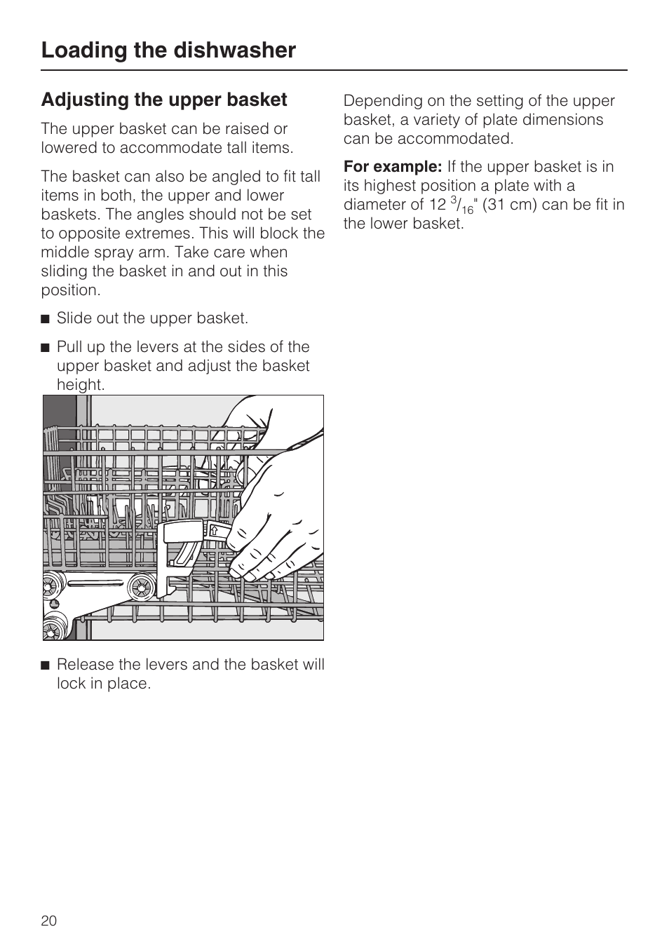 Adjusting the upper basket 20, Loading the dishwasher, Adjusting the upper basket | Miele G 2183 User Manual | Page 20 / 56