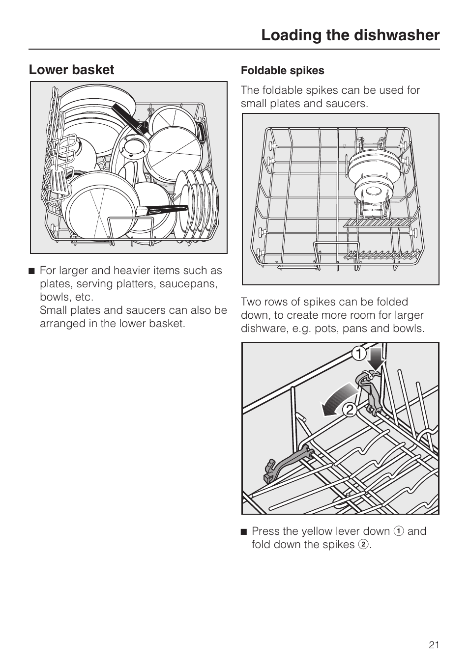 Lower basket 21, Loading the dishwasher, Lower basket | Miele G 2183 User Manual | Page 21 / 56