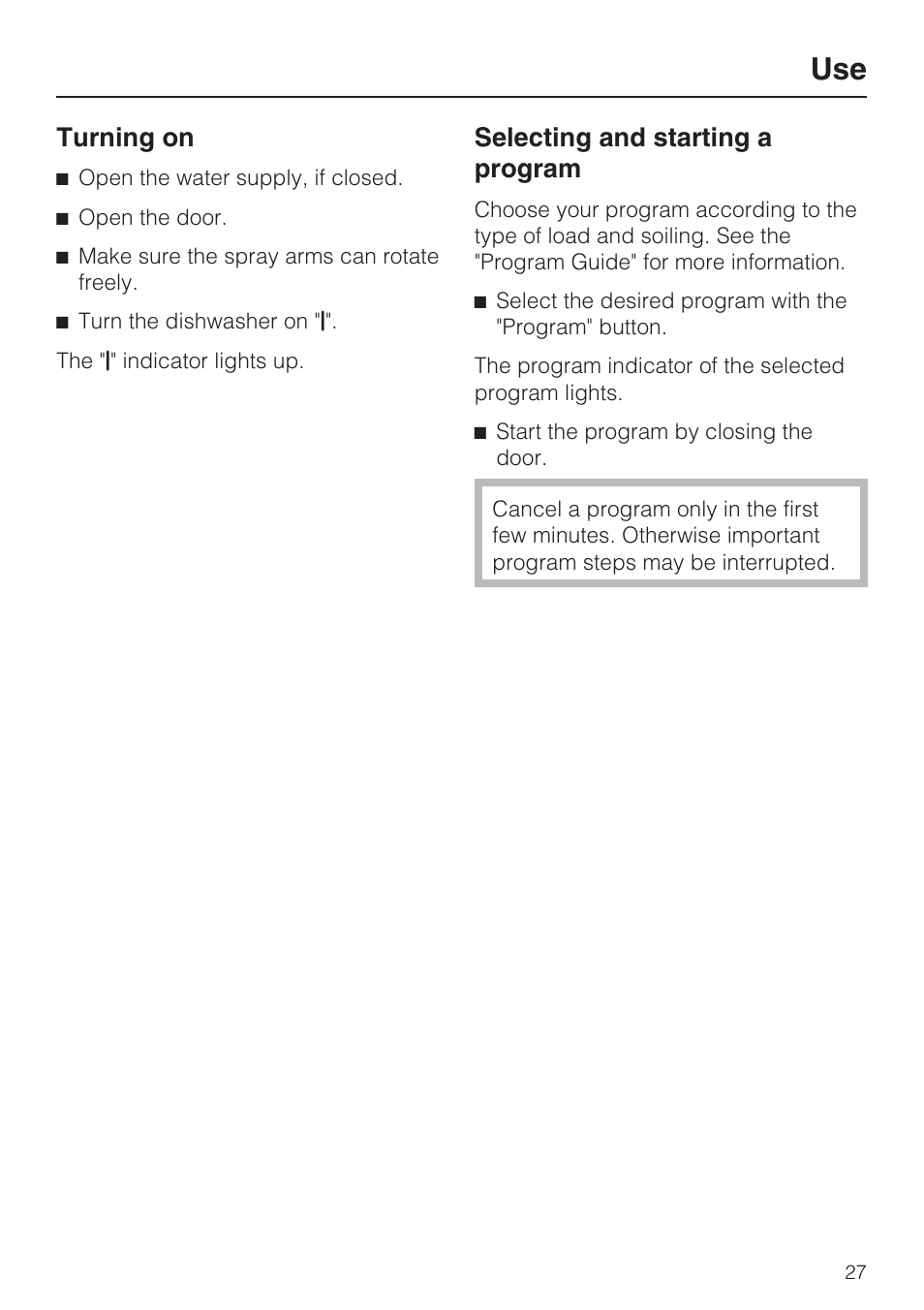 Turning on 27, Selecting and starting a program 27, Turning on | Selecting and starting a program | Miele G 2183 User Manual | Page 27 / 56