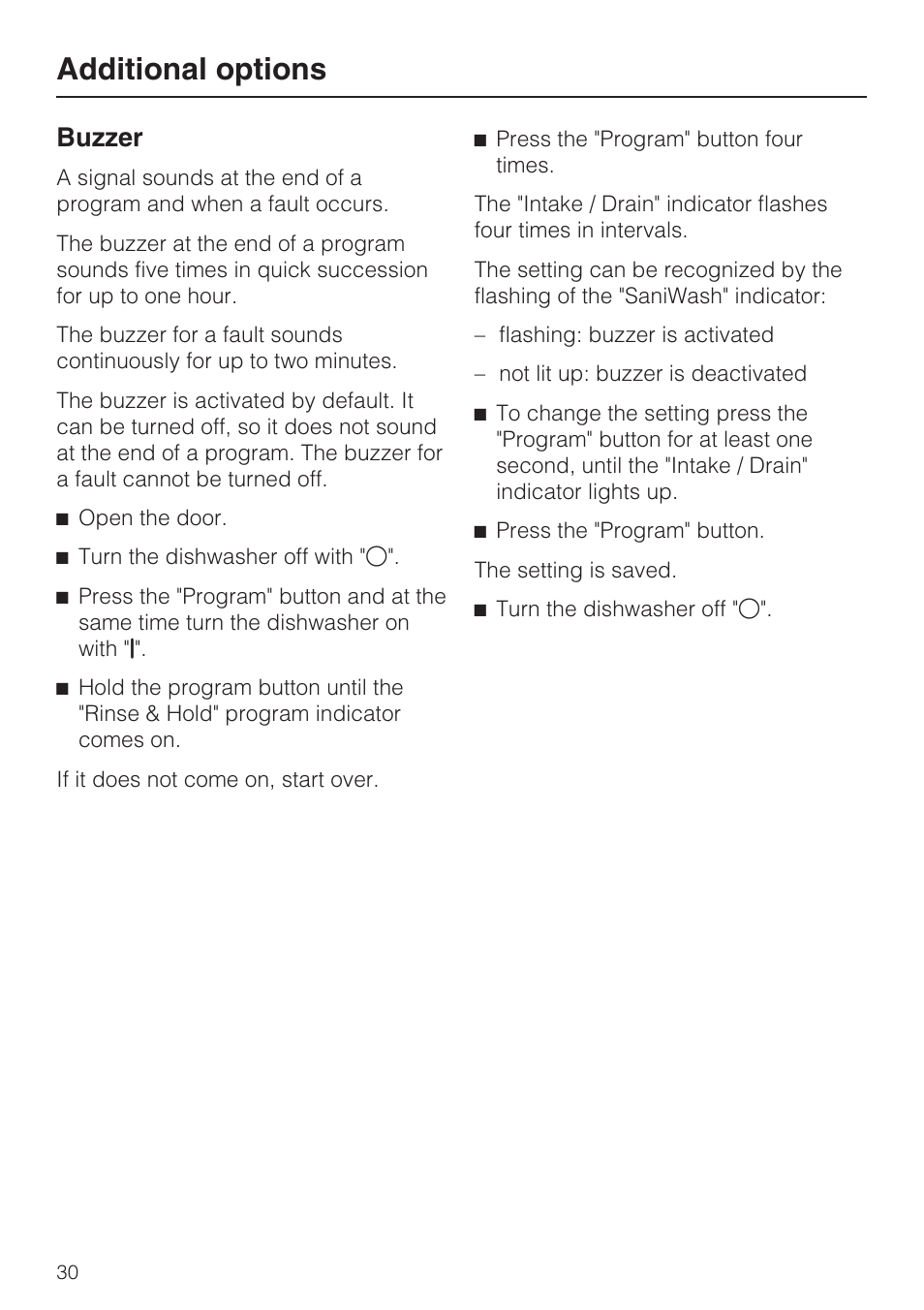 Additional options 30, Buzzer 30, Additional options | Buzzer | Miele G 2183 User Manual | Page 30 / 56