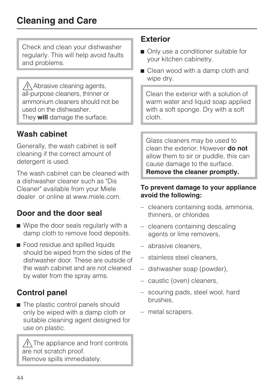 Cleaning and care 44, Cleaning and care, Wash cabinet | Door and the door seal, Control panel, Exterior | Miele G 2183 User Manual | Page 44 / 56