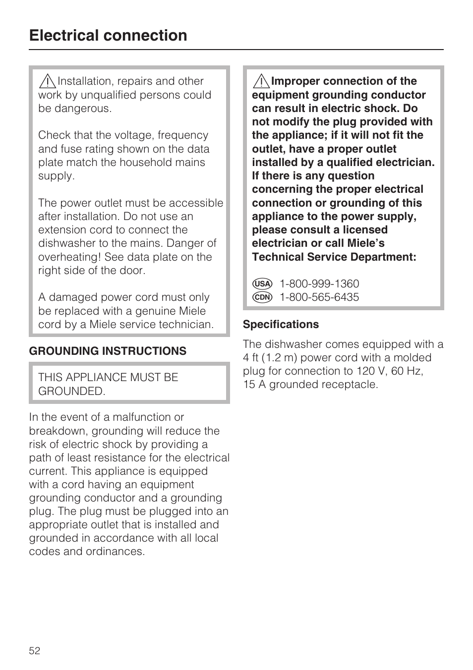 Electrical connection 52, Electrical connection | Miele G 2183 User Manual | Page 52 / 56