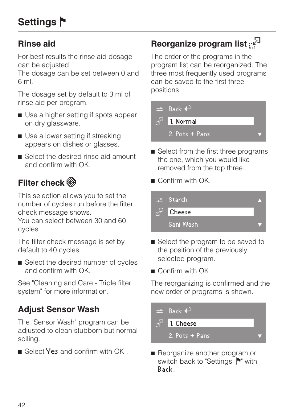 Settings j, Rinse aid, Filter check h | Adjust sensor wash, Reorganize program list k | Miele EXCELLA G 2630 SCI User Manual | Page 42 / 72