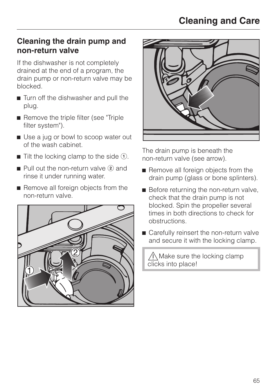 Cleaning the drain pump and non-return valve 65, Cleaning and care, Cleaning the drain pump and non-return valve | Miele EXCELLA G 2630 SCI User Manual | Page 65 / 72