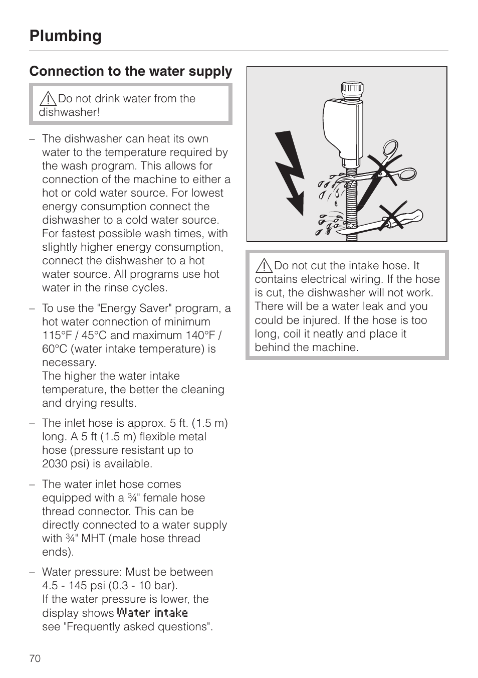 Plumbing 70, Connection to the water supply 70, Plumbing | Connection to the water supply | Miele EXCELLA G 2630 SCI User Manual | Page 70 / 72