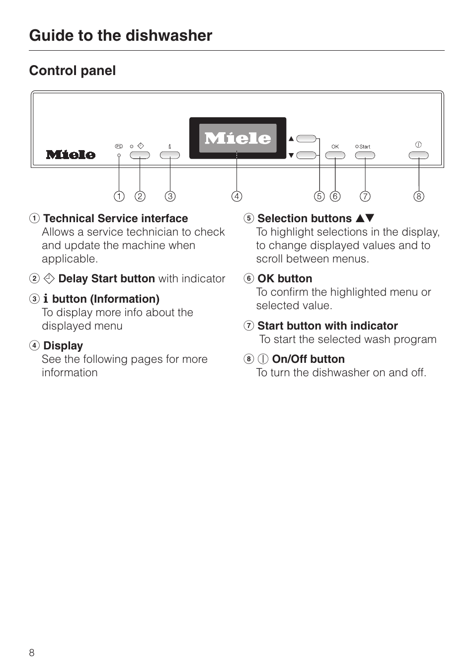 Control panel 8, Guide to the dishwasher, Control panel | Miele EXCELLA G 2630 SCI User Manual | Page 8 / 72