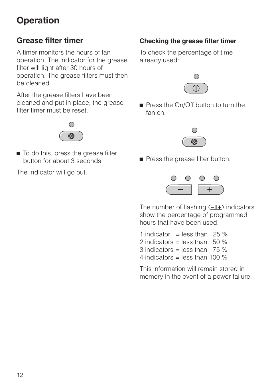 Grease filter timer 12, Checking the grease filter timer 12, Grease filter timer | Checking the grease filter timer, Operation | Miele DA220-3 User Manual | Page 12 / 32