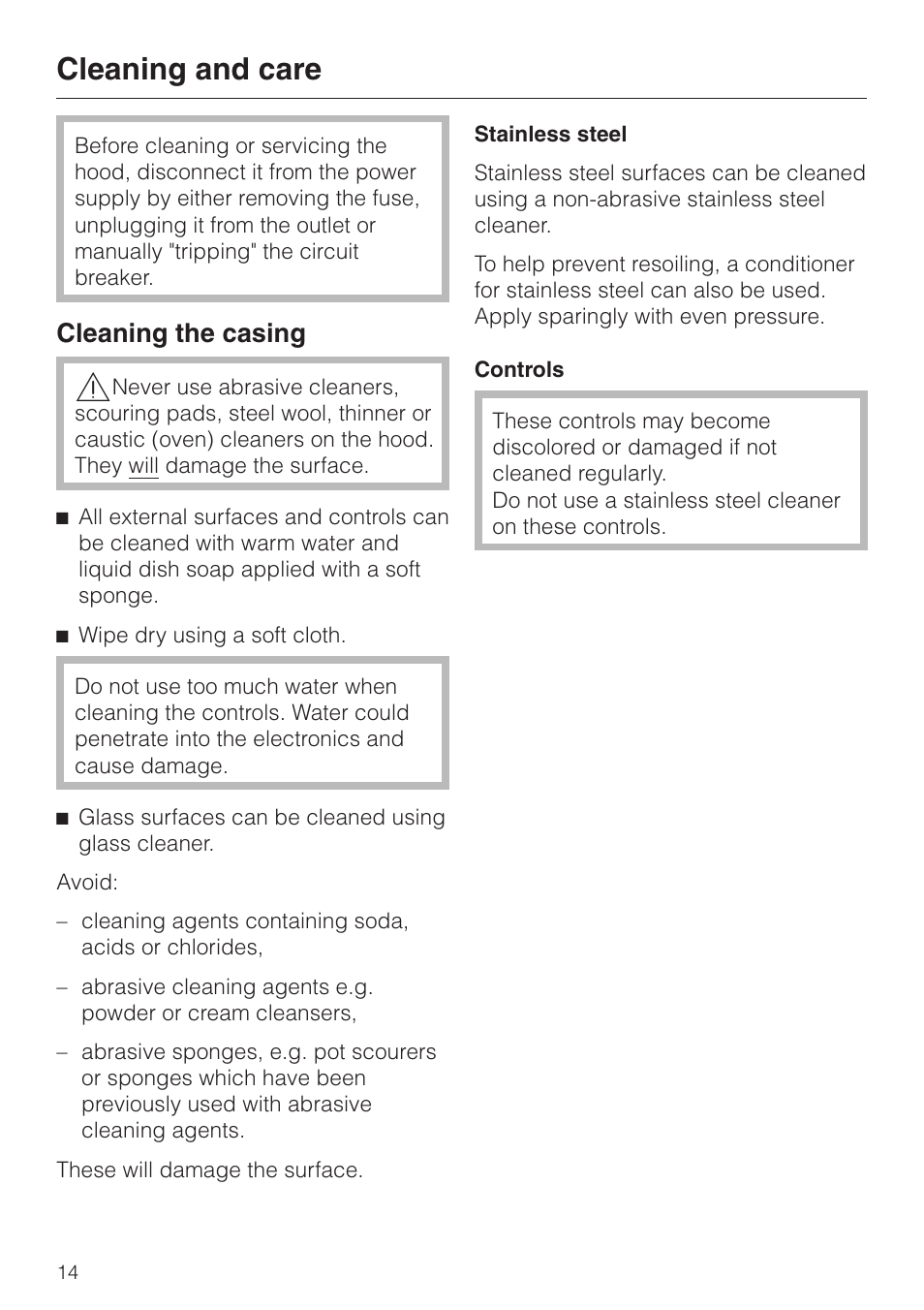 Cleaning and care 14, Cleaning the casing 14, Cleaning and care | Cleaning the casing | Miele DA220-3 User Manual | Page 14 / 32