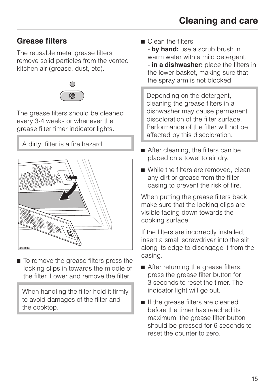 Grease filters 15, Grease filters, Cleaning and care | Miele DA220-3 User Manual | Page 15 / 32