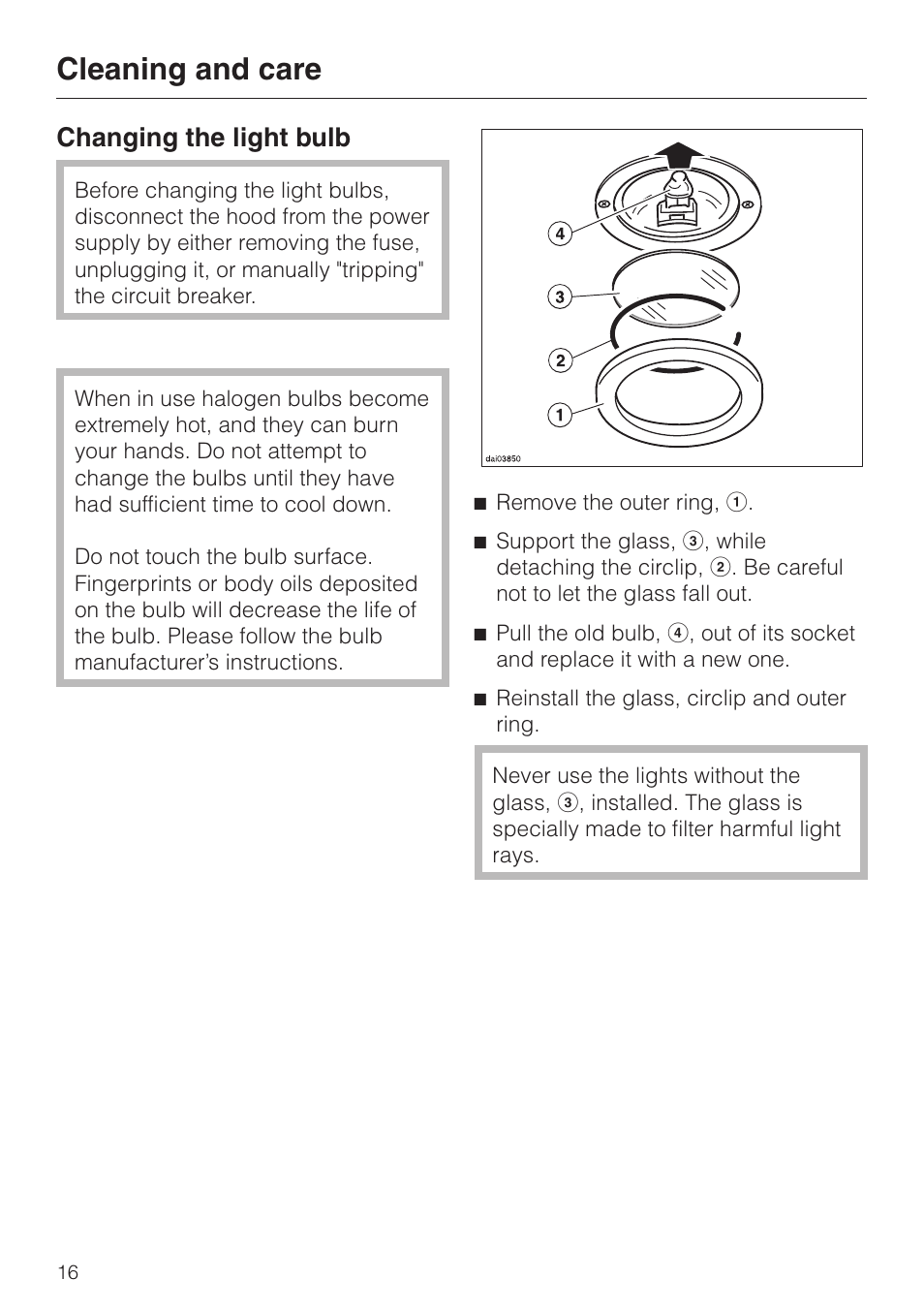 Changing the light bulb 16, Changing the light bulb, Cleaning and care | Miele DA220-3 User Manual | Page 16 / 32