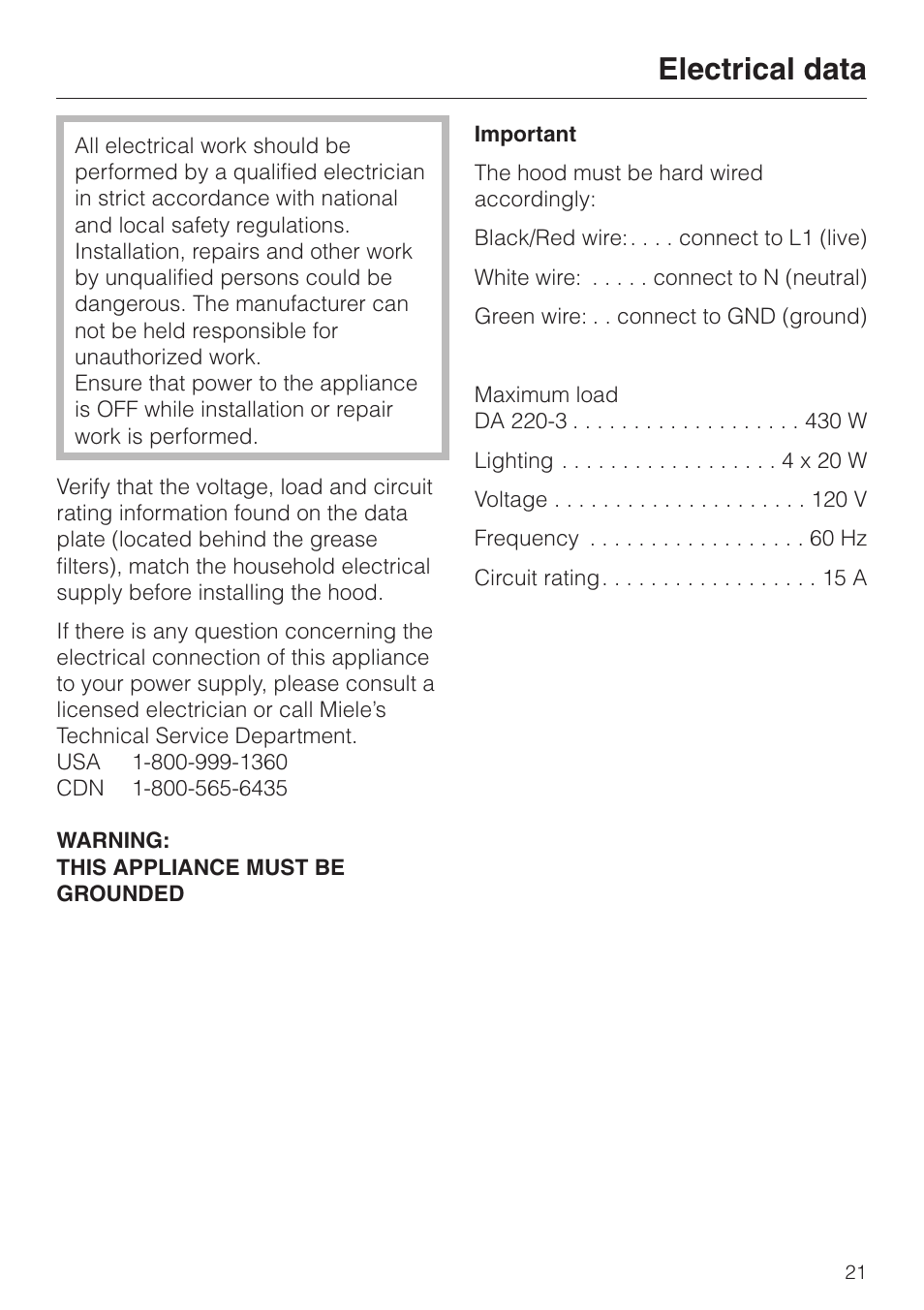 Electrical data 21, Electrical data | Miele DA220-3 User Manual | Page 21 / 32