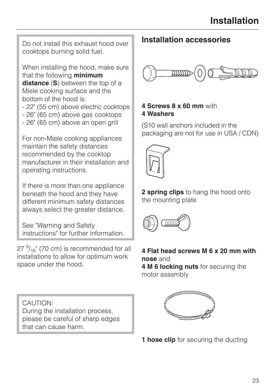 Installation 23, Installation accessories 23, Installation | Installation accessories | Miele DA220-3 User Manual | Page 23 / 32