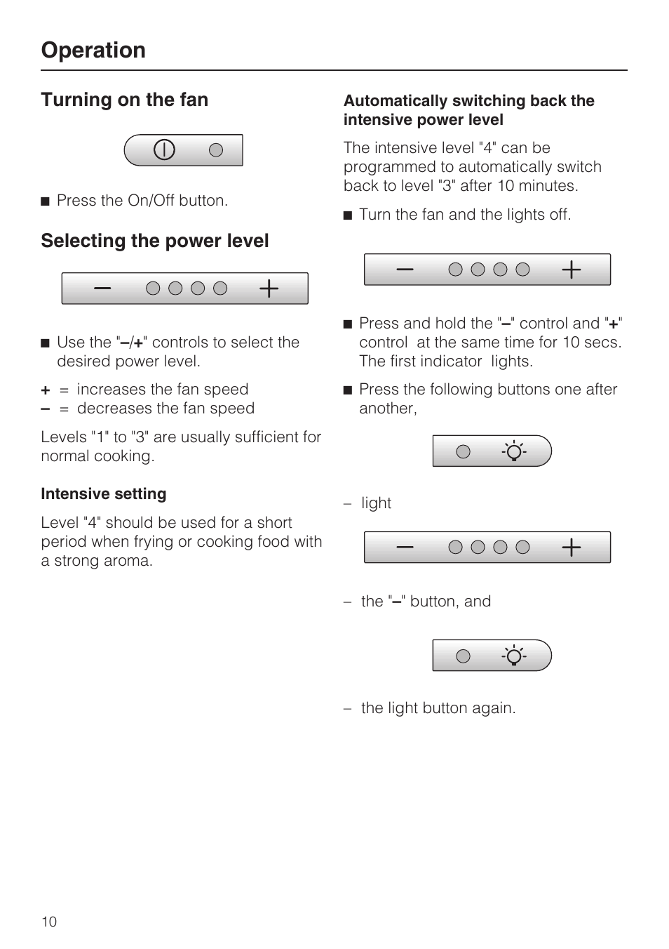 Operation 10, Turning on the fan 10, Selecting the power level 10 | Operation, Turning on the fan, Selecting the power level | Miele DA5960W User Manual | Page 10 / 36