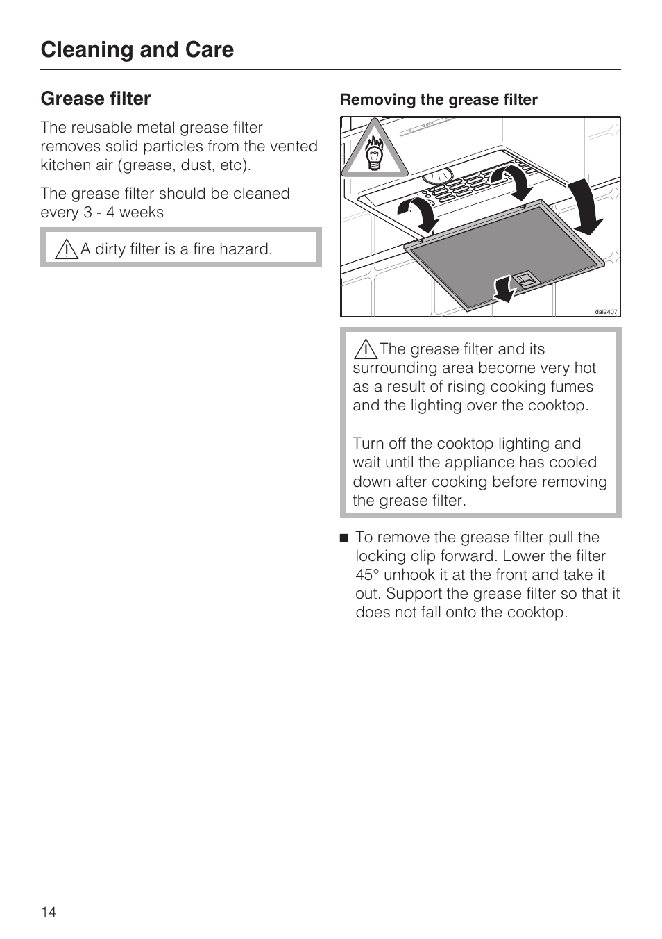 Grease filter 14, Cleaning and care, Grease filter | Miele DA5960W User Manual | Page 14 / 36