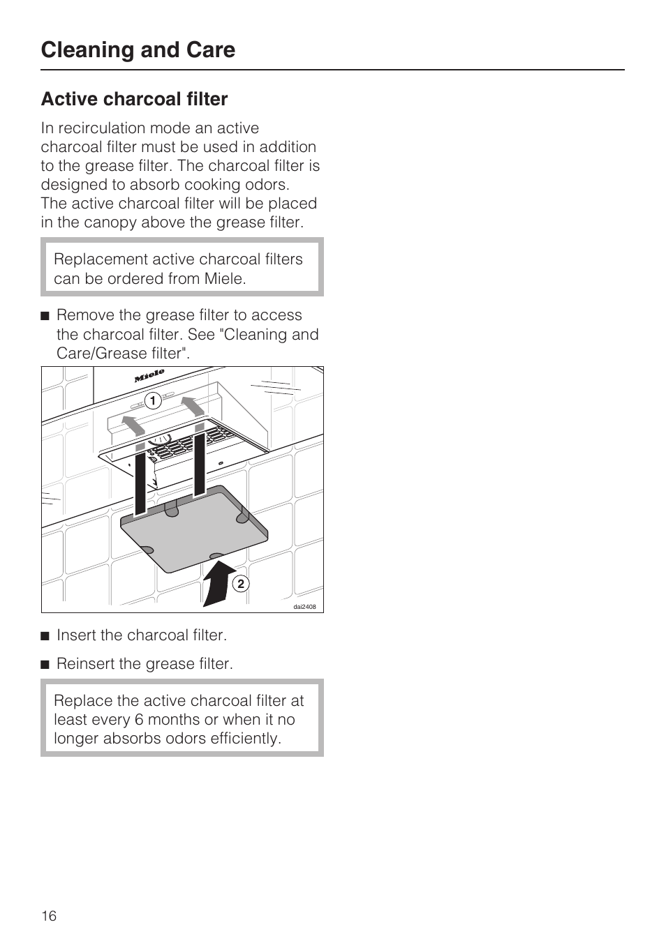 Active charcoal filter 16, Cleaning and care, Active charcoal filter | Miele DA5960W User Manual | Page 16 / 36