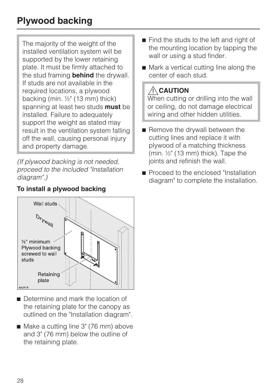 Plywood backing 28, Plywood backing | Miele DA5960W User Manual | Page 28 / 36