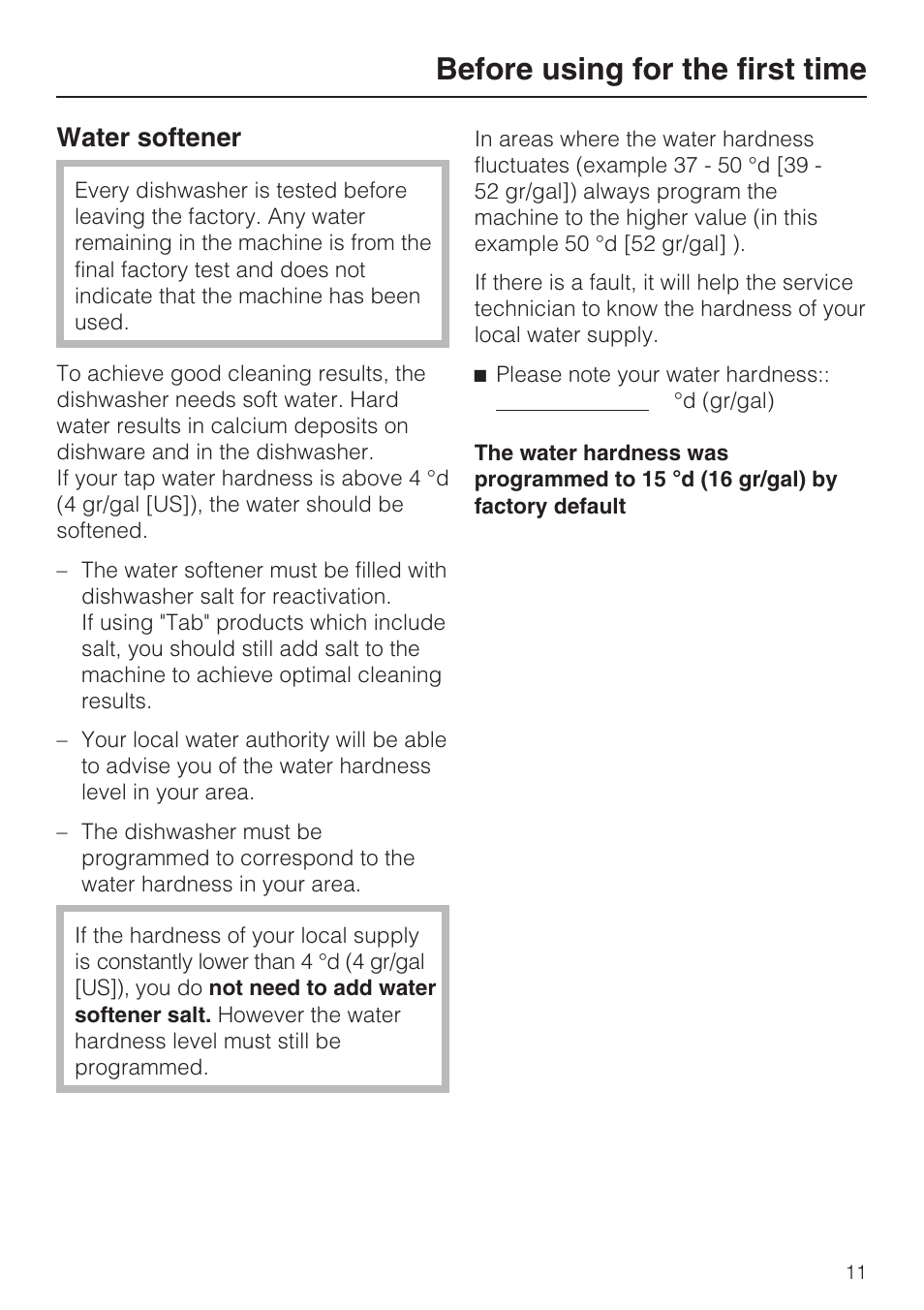 Water softener 11, Before using for the first time, Water softener | Miele G 1472 User Manual | Page 11 / 60