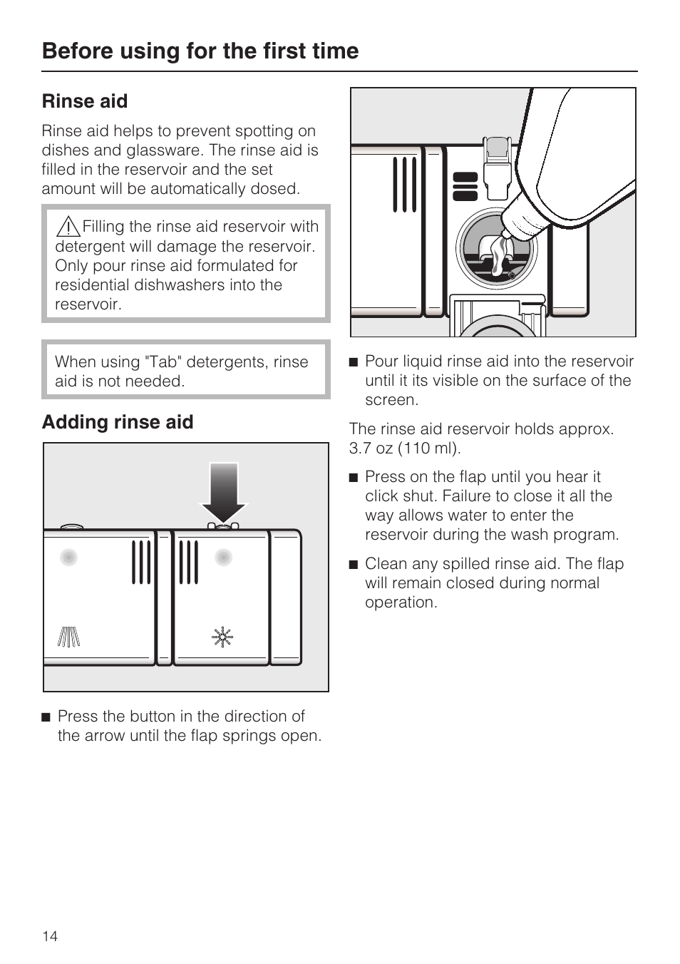 Rinse aid 14, Adding rinse aid 14, Before using for the first time | Rinse aid, Adding rinse aid | Miele G 1472 User Manual | Page 14 / 60