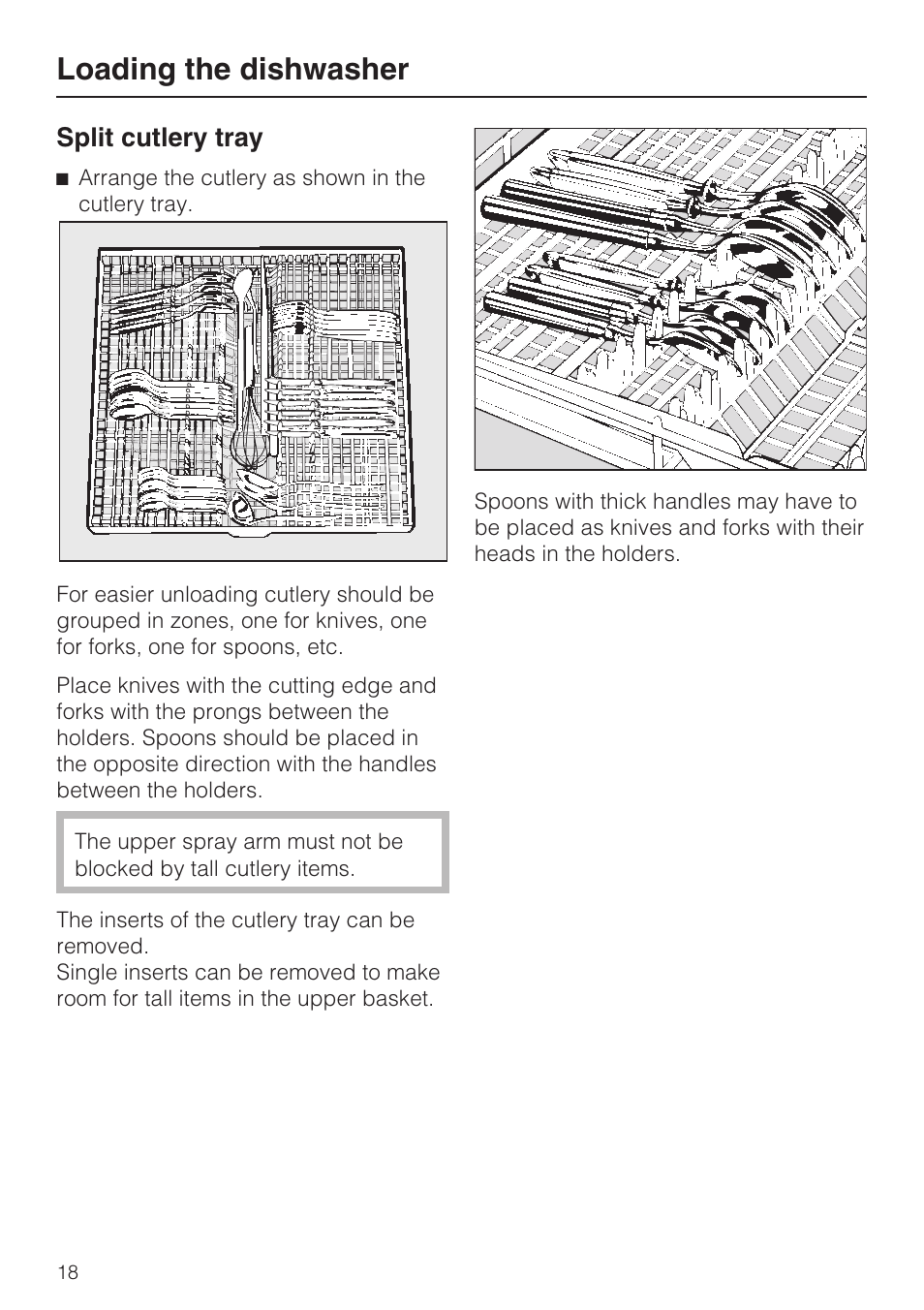 Split cutlery tray 18, Loading the dishwasher, Split cutlery tray | Miele G 1472 User Manual | Page 18 / 60