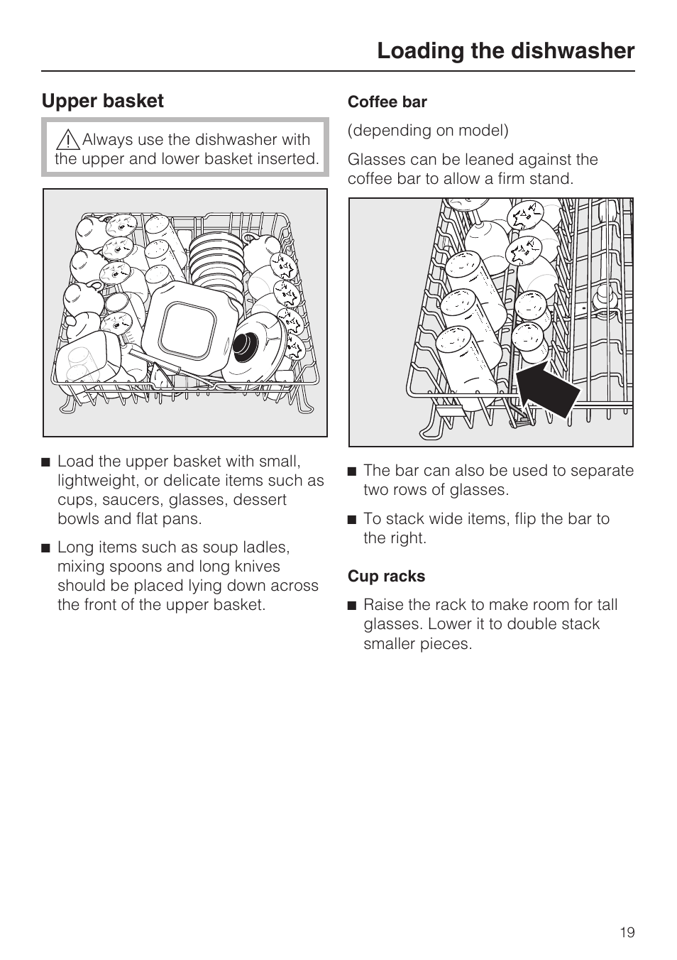 Upper basket 19, Loading the dishwasher, Upper basket | Miele G 1472 User Manual | Page 19 / 60