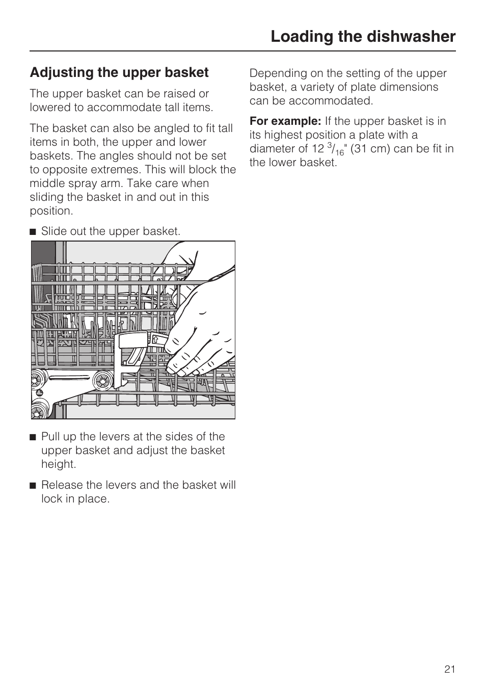 Adjusting the upper basket 21, Loading the dishwasher, Adjusting the upper basket | Miele G 1472 User Manual | Page 21 / 60