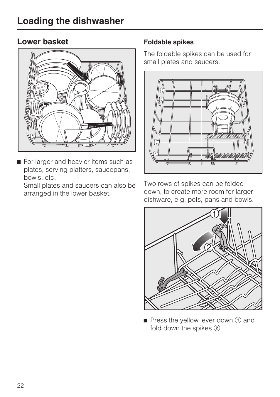 Lower basket 22, Loading the dishwasher, Lower basket | Miele G 1472 User Manual | Page 22 / 60