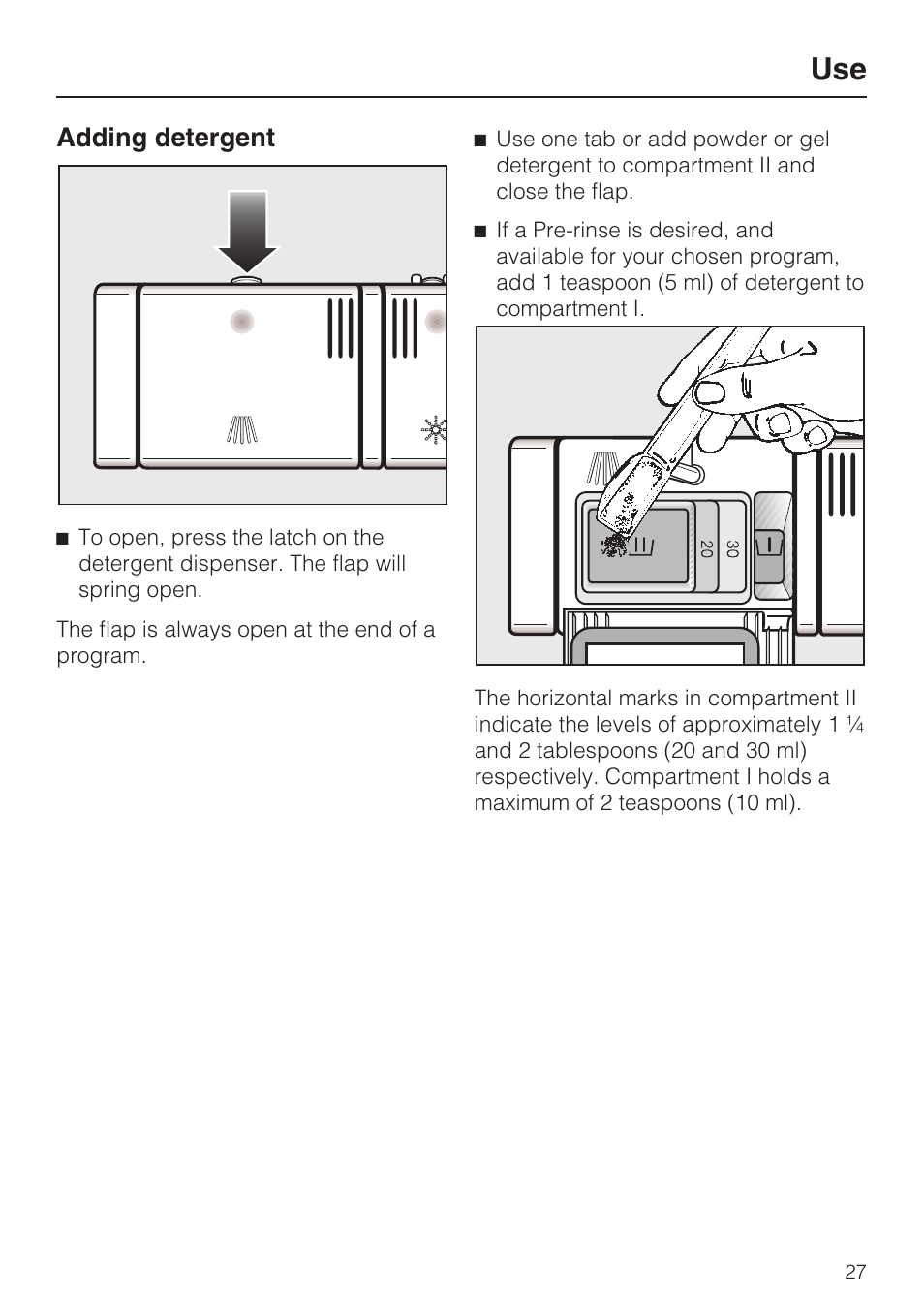 Adding detergent 27, Adding detergent | Miele G 1472 User Manual | Page 27 / 60