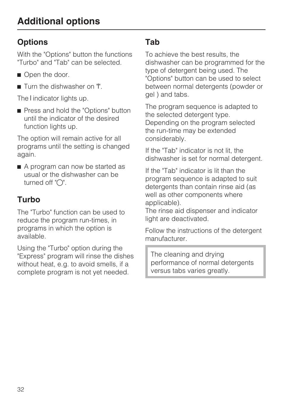 Additional options 32, Turbo 32, Tab 32 | Additional options, Options, Turbo | Miele G 1472 User Manual | Page 32 / 60