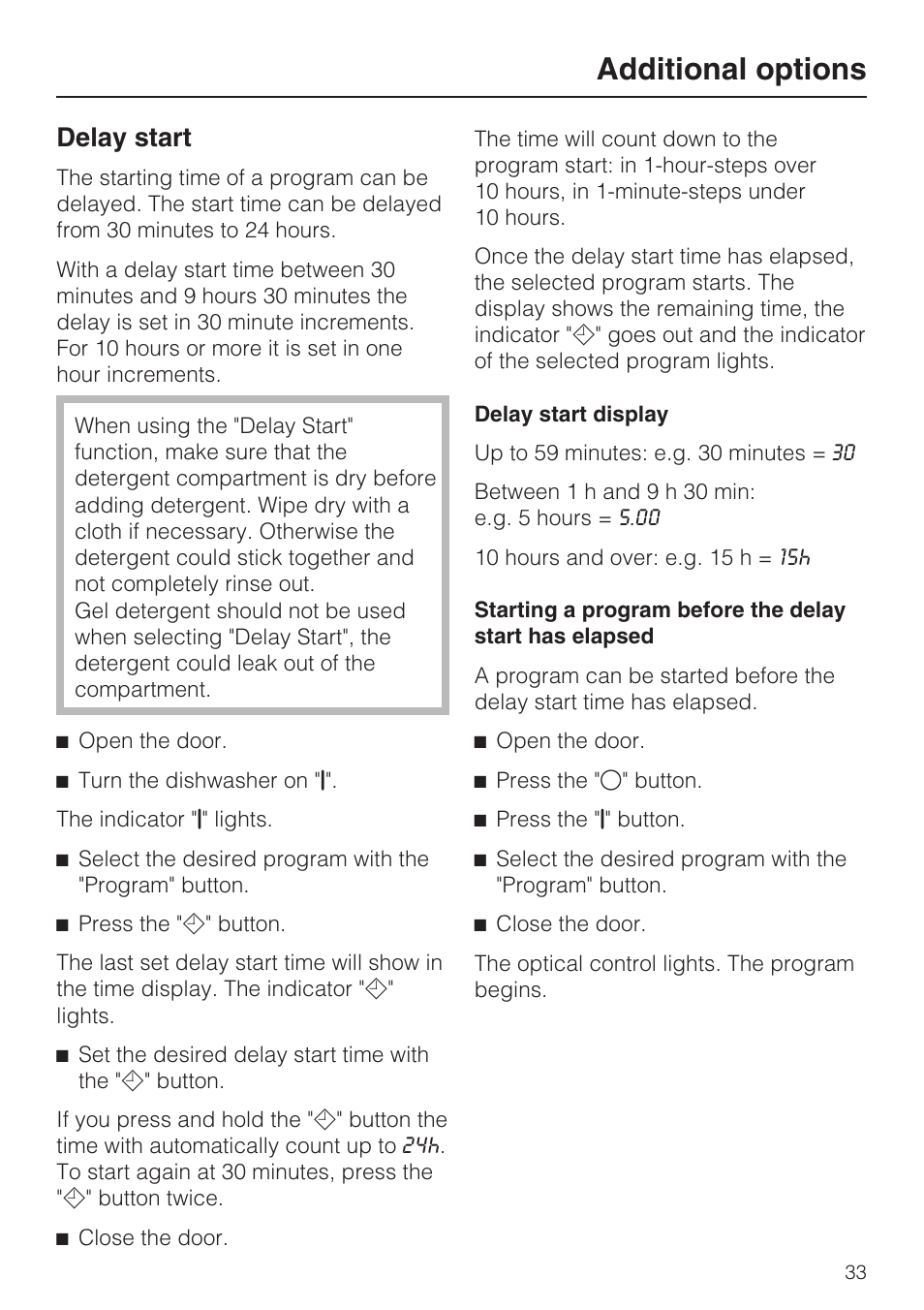 Delay start 33, Additional options, Delay start | Miele G 1472 User Manual | Page 33 / 60
