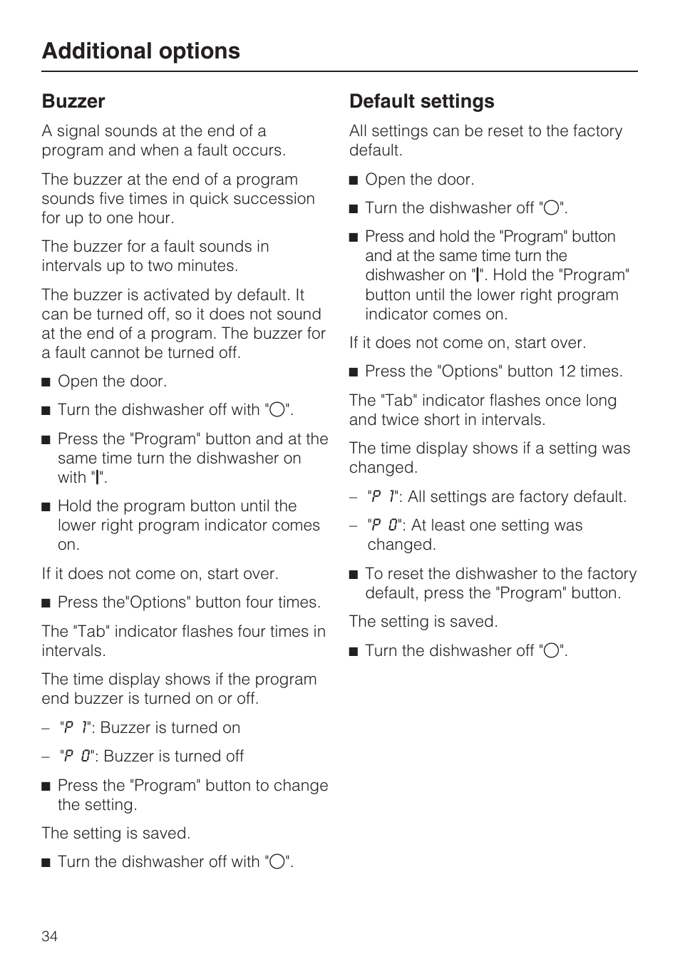 Buzzer 34, Default settings 34, Additional options | Buzzer, Default settings | Miele G 1472 User Manual | Page 34 / 60