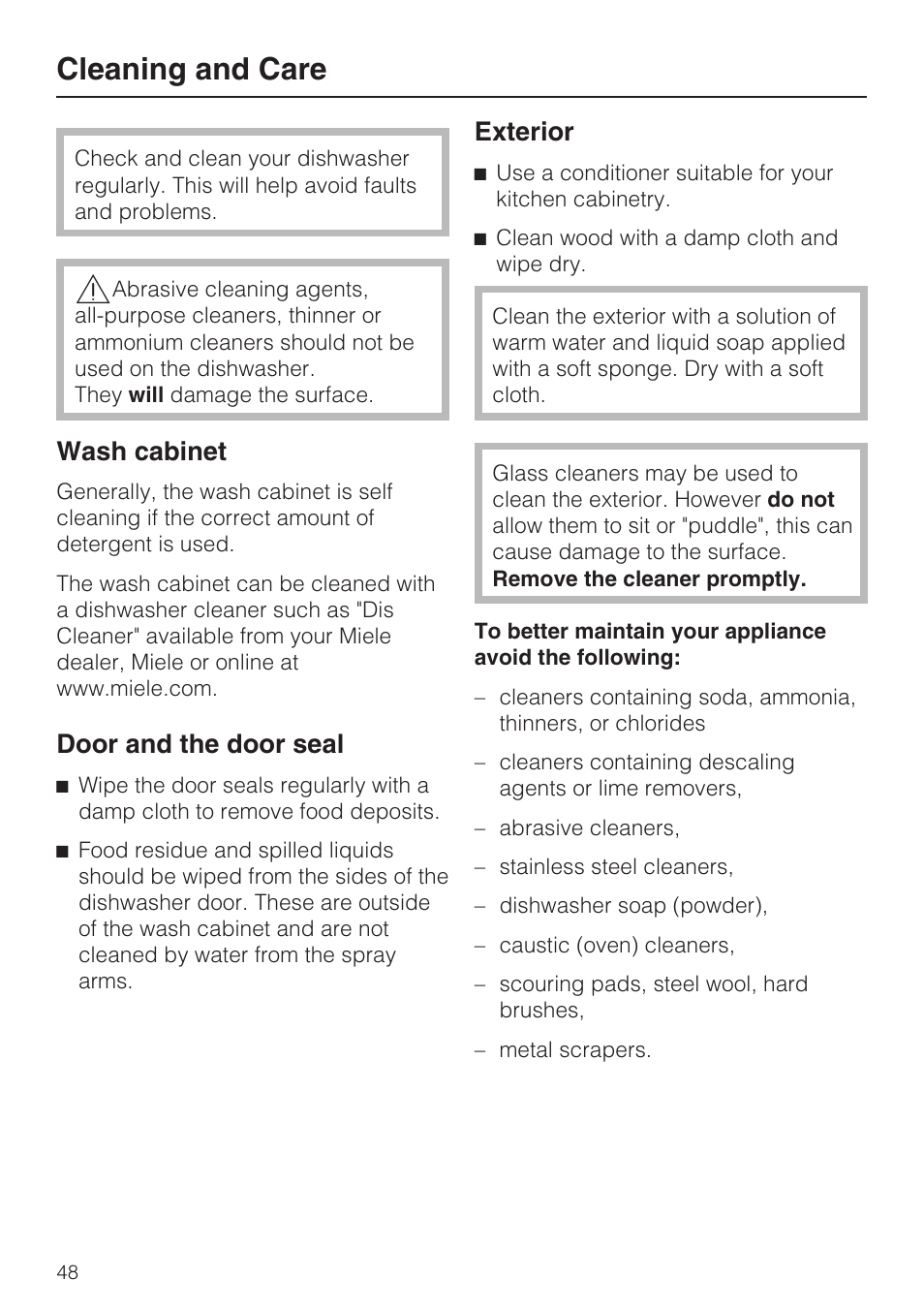 Cleaning and care 48, Cleaning and care, Wash cabinet | Door and the door seal, Exterior | Miele G 1472 User Manual | Page 48 / 60