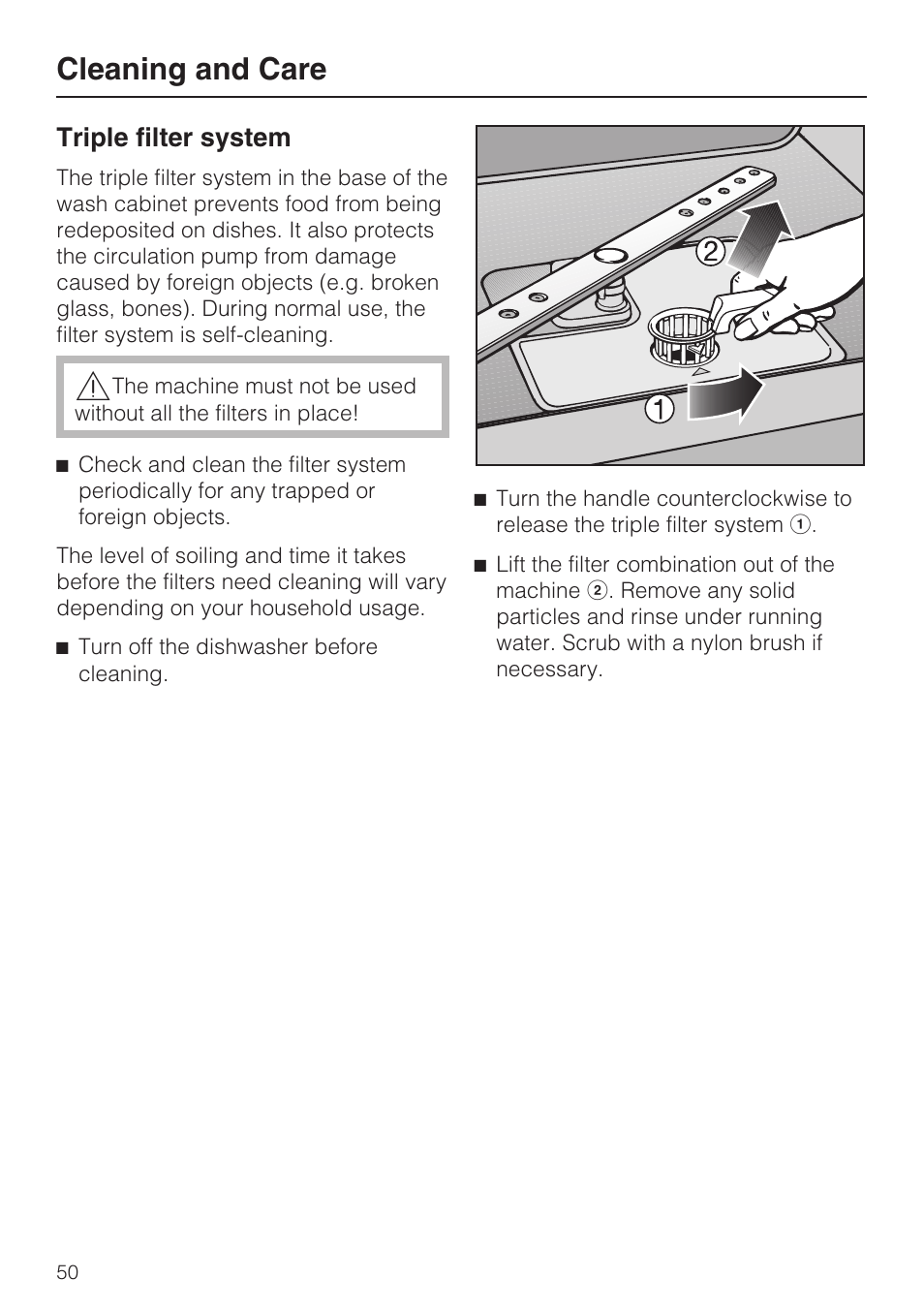 Triple filter system 50, Cleaning and care, Triple filter system | Miele G 1472 User Manual | Page 50 / 60