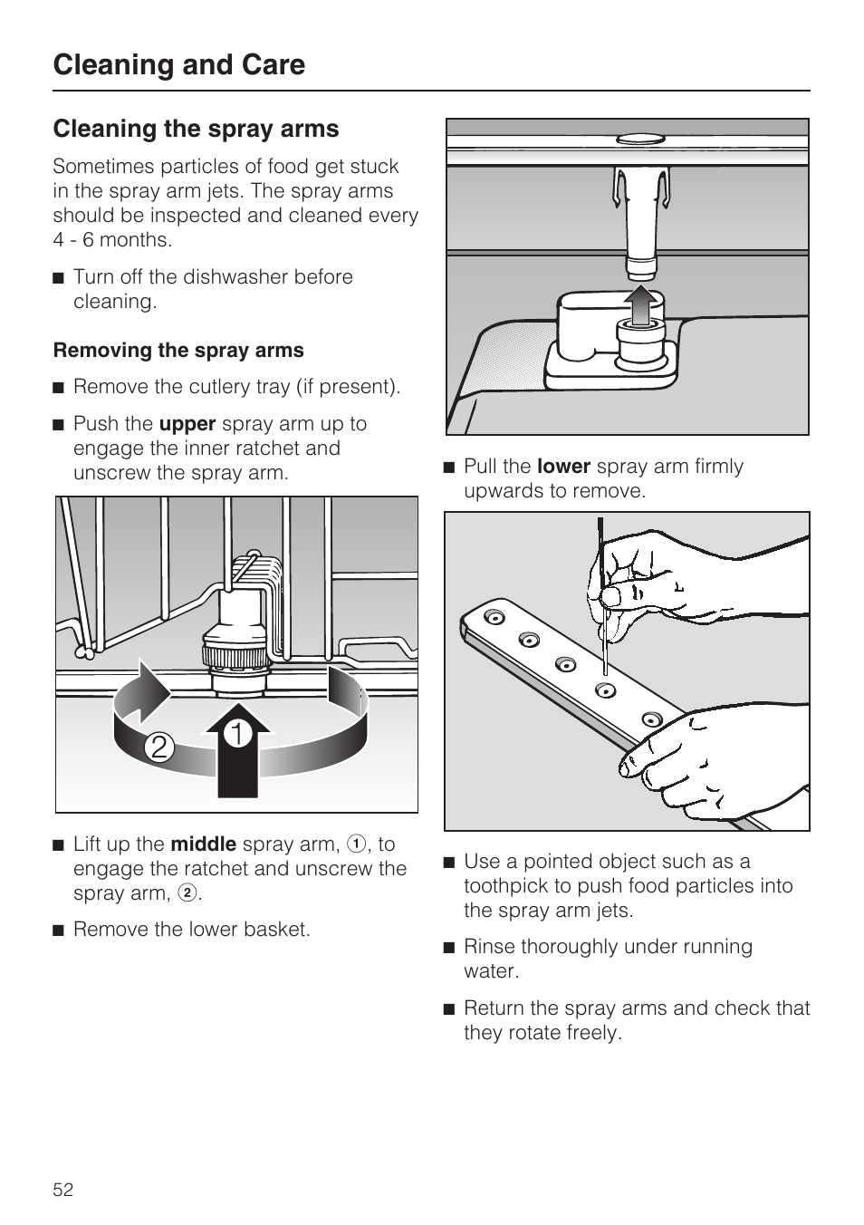 Cleaning the spray arms 52, Cleaning and care, Cleaning the spray arms | Miele G 1472 User Manual | Page 52 / 60