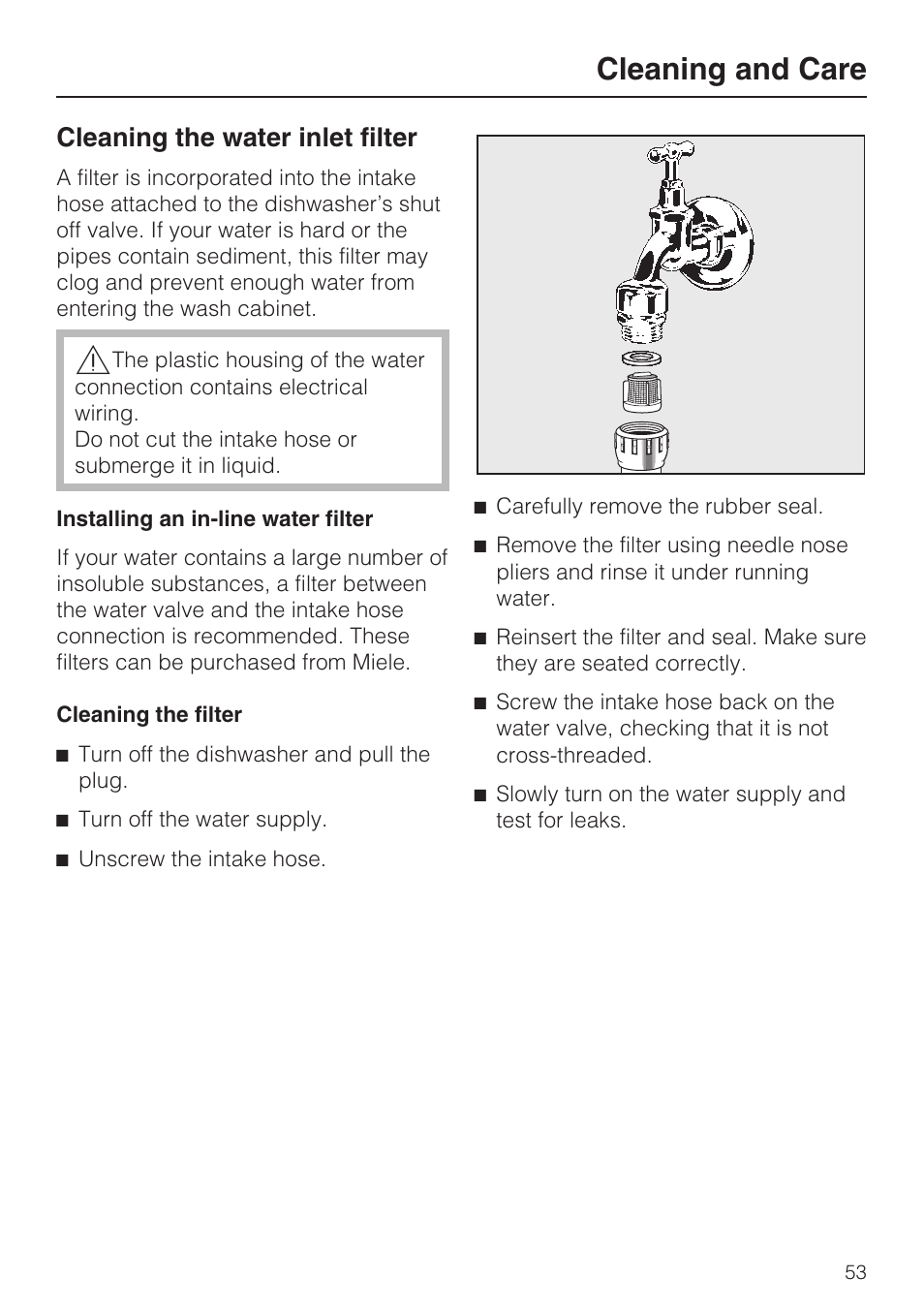 Cleaning the water inlet filter 53, Cleaning and care, Cleaning the water inlet filter | Miele G 1472 User Manual | Page 53 / 60