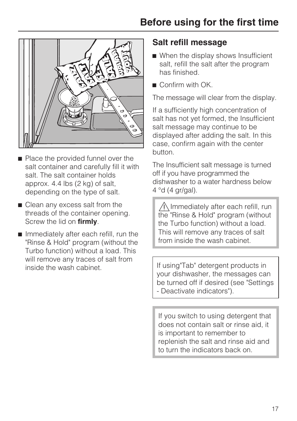 Salt refill message 17, Before using for the first time, Salt refill message | Miele G 5915 User Manual | Page 17 / 86