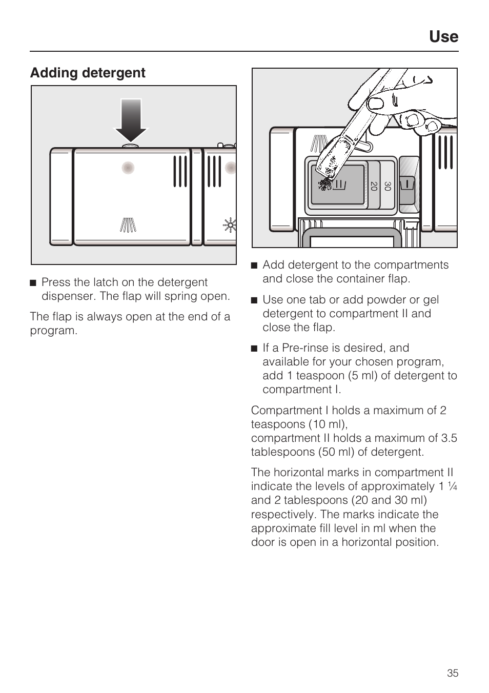 Adding detergent 35, Adding detergent | Miele G 5915 User Manual | Page 35 / 86